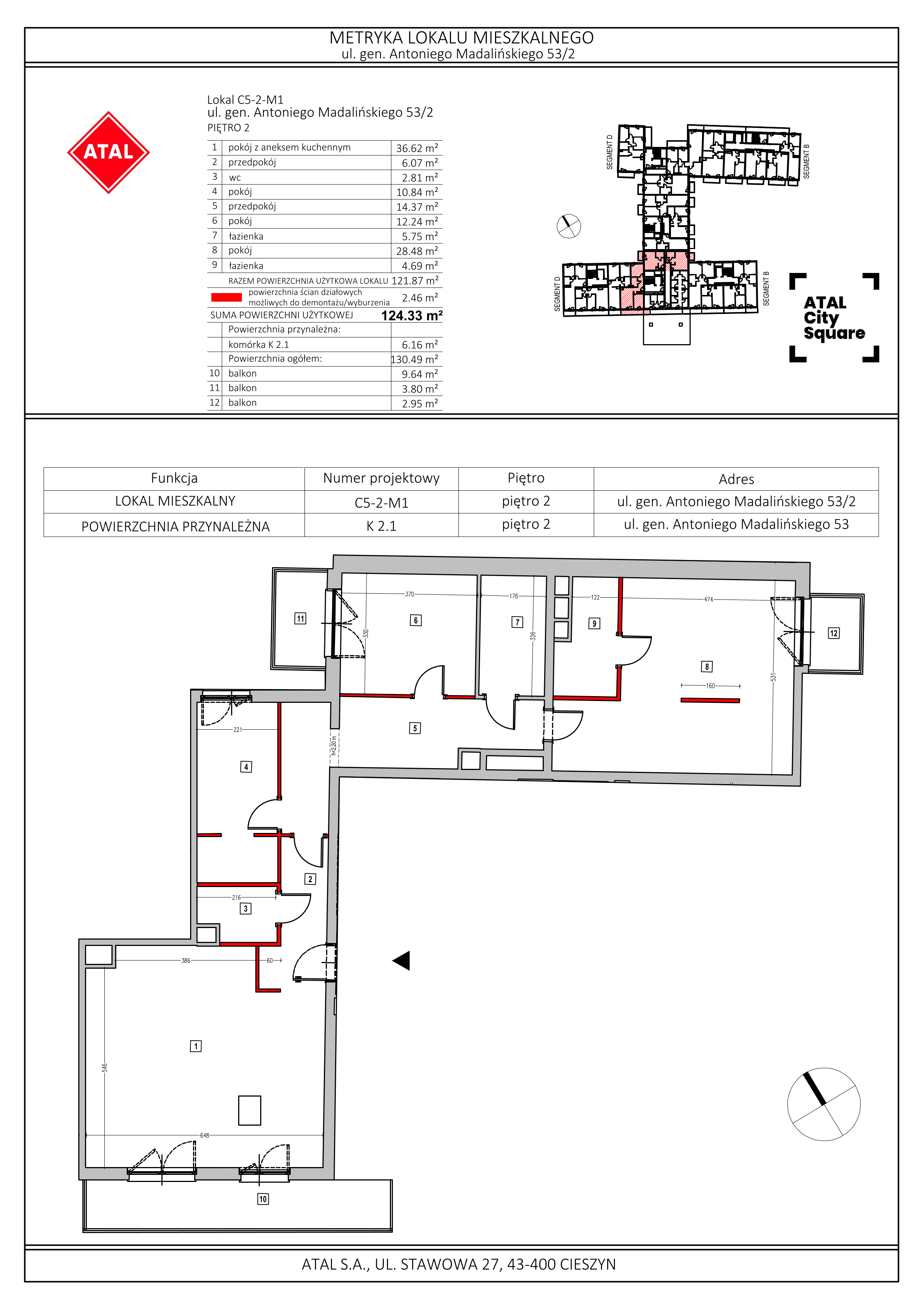 Apartament 124,33 m², piętro 2, oferta nr C5-2-M1, ATAL City Square, Wrocław, Przedmieście Oławskie, Krzyki, ul. gen. Kazimierza Pułaskiego-idx