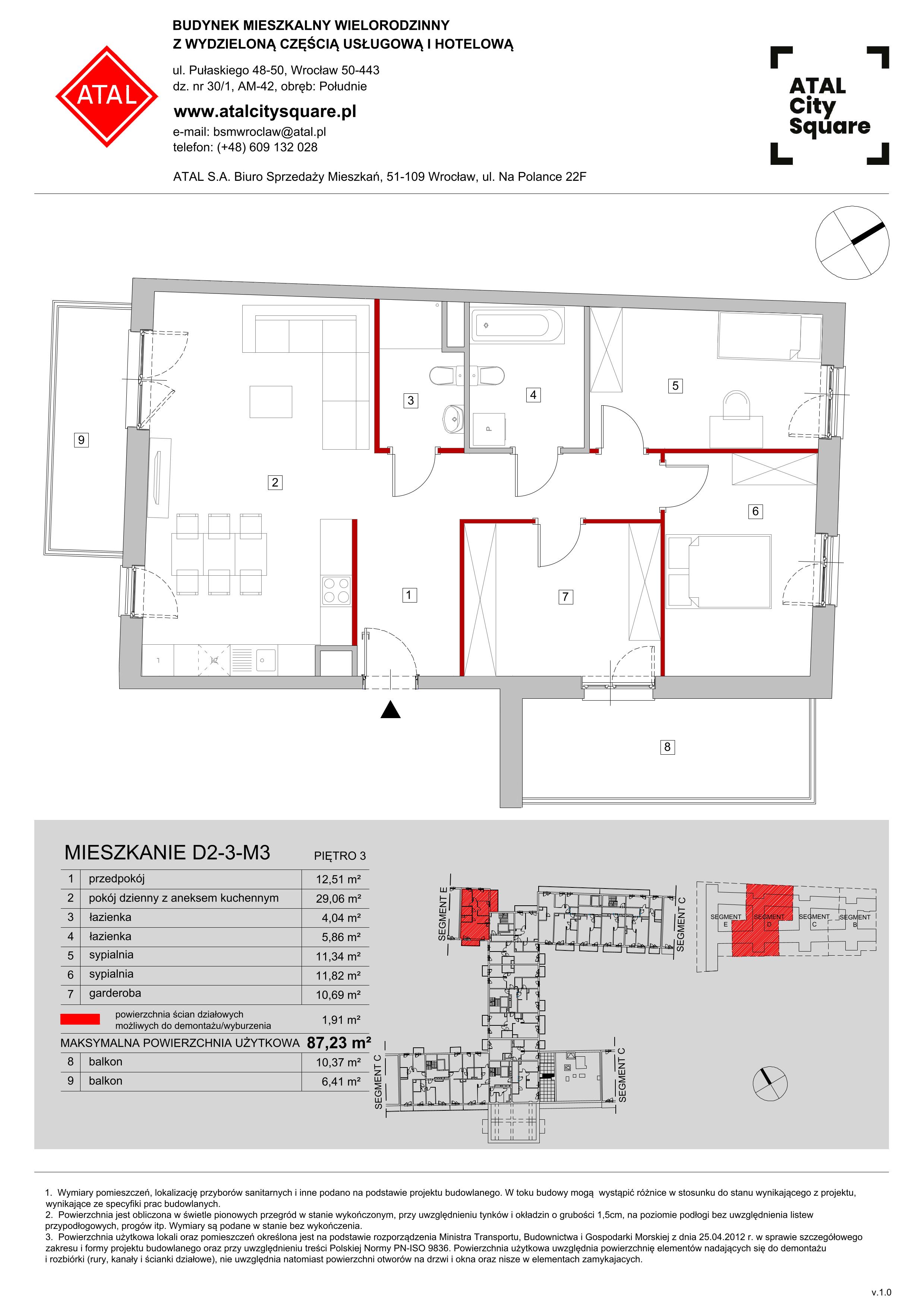 Apartament 87,23 m², piętro 3, oferta nr D2-3-M3, ATAL City Square, Wrocław, Przedmieście Oławskie, Krzyki, ul. gen. Kazimierza Pułaskiego-idx