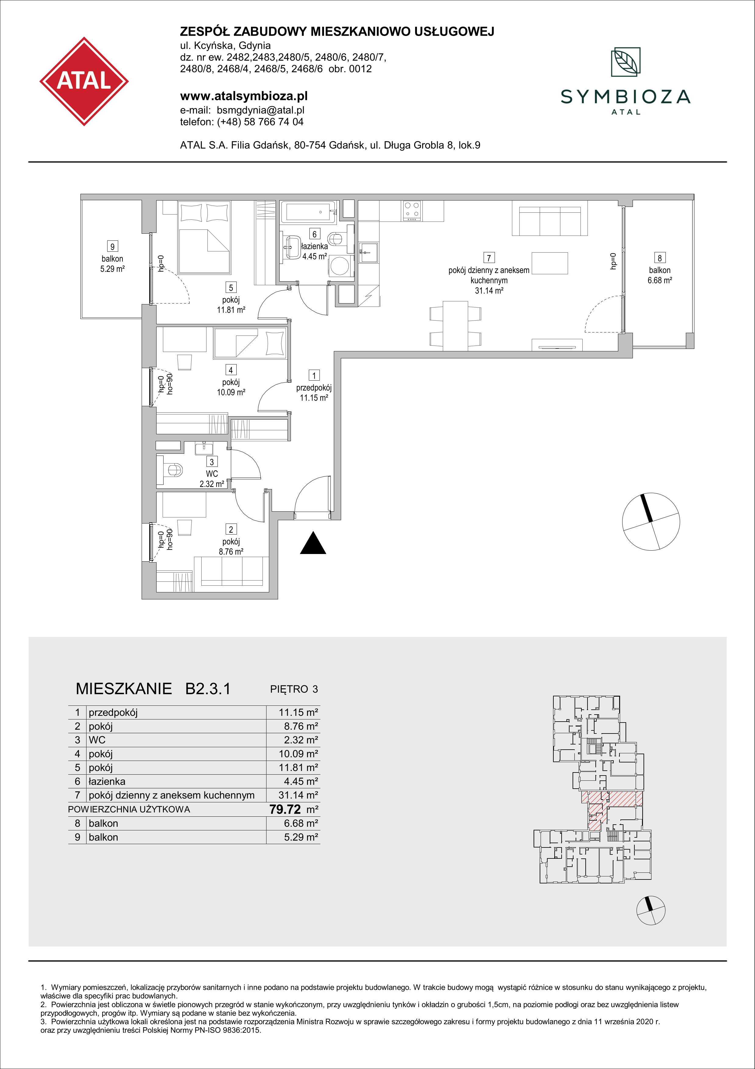 Mieszkanie 79,72 m², piętro 3, oferta nr B2.3.1, ATAL Symbioza, Gdynia, Cisowa, ul. Kcyńska-idx