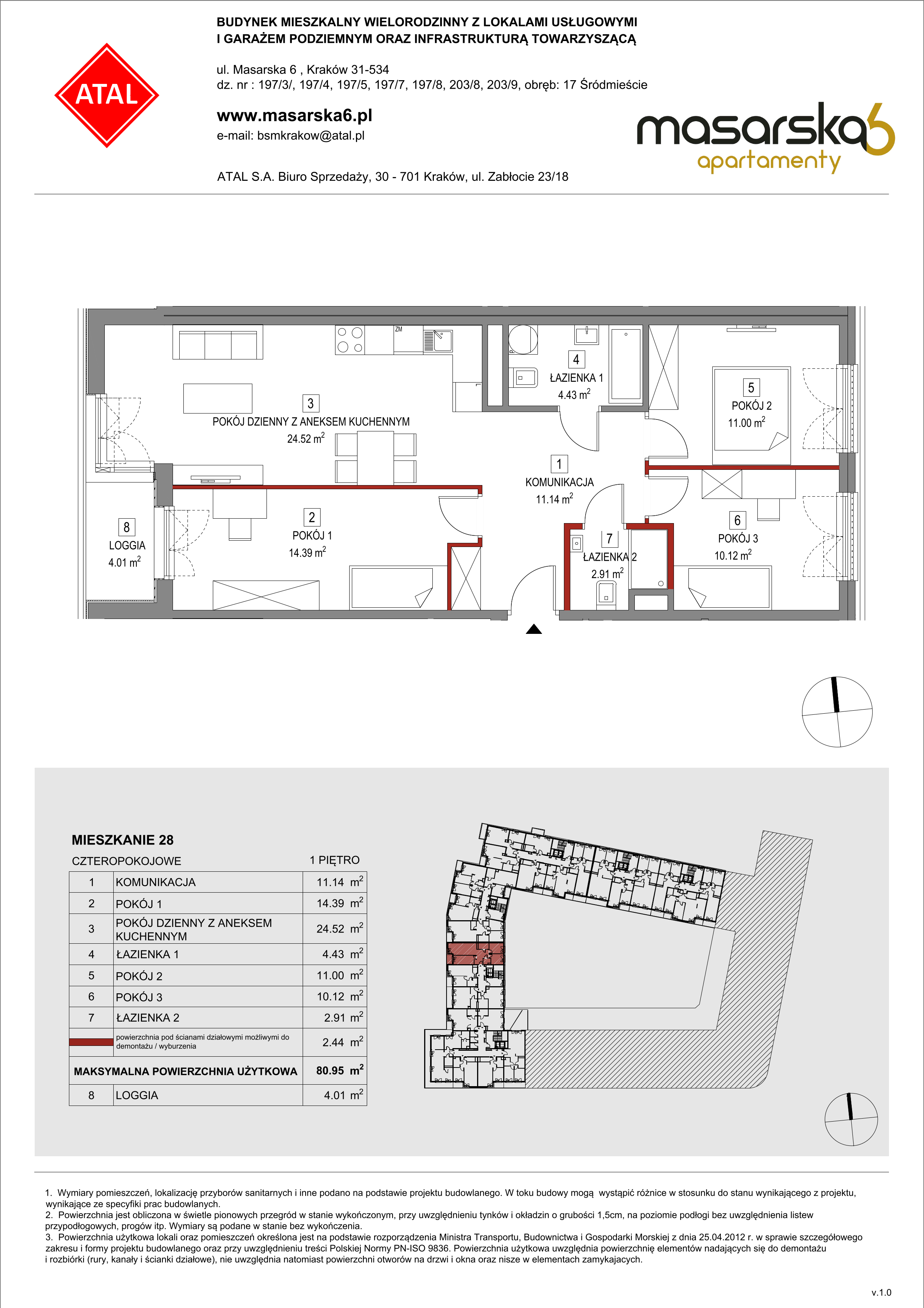 Mieszkanie 80,95 m², piętro 1, oferta nr 28, Masarska 6 Apartamenty, Kraków, Grzegórzki, Kazimierz, ul. Masarska 6-idx