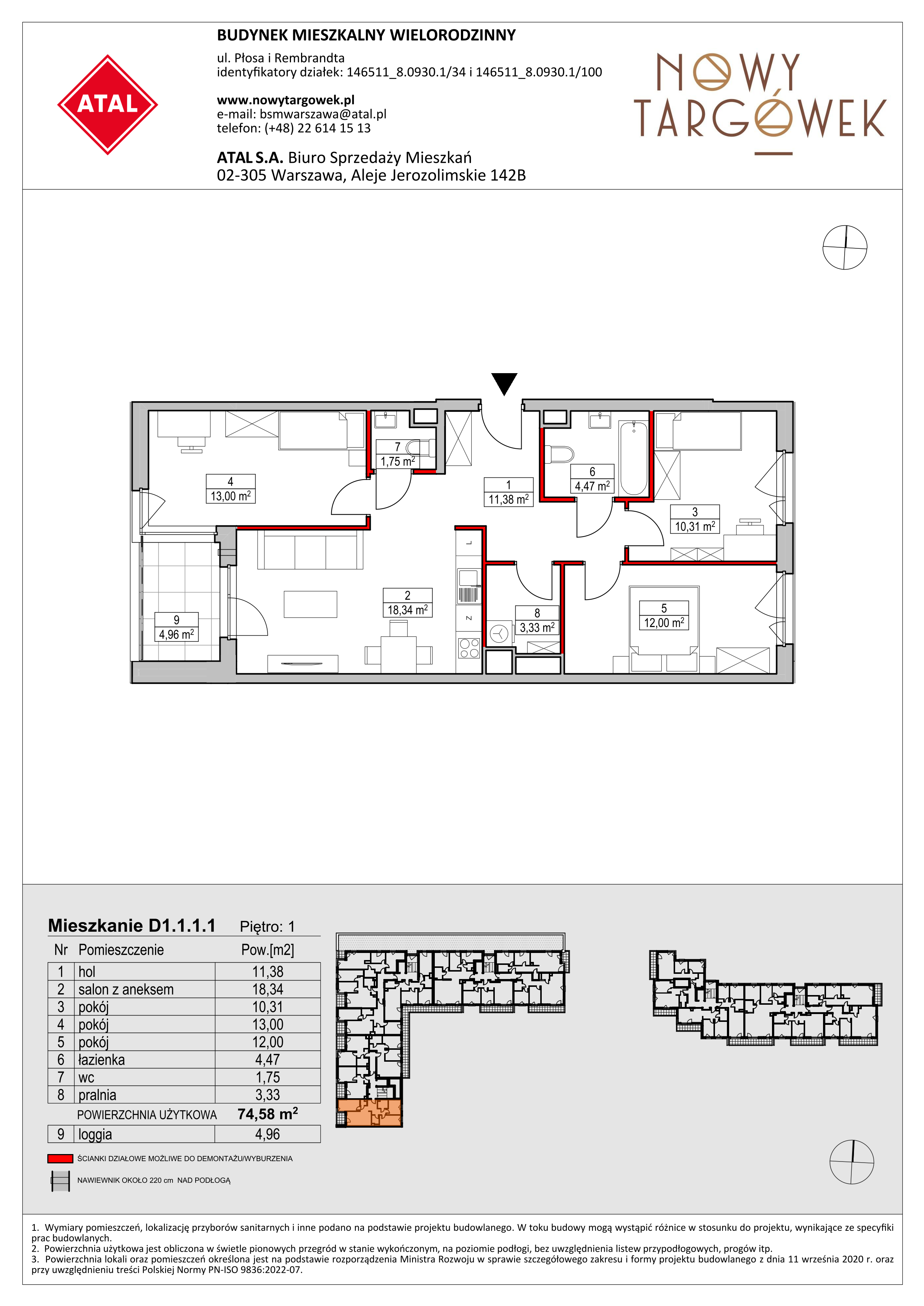 Mieszkanie 74,58 m², piętro 1, oferta nr D1.1.1.1, Nowy Targówek VI, Warszawa, Targówek, Targówek Mieszkaniowy, ul. Płosa 8-idx