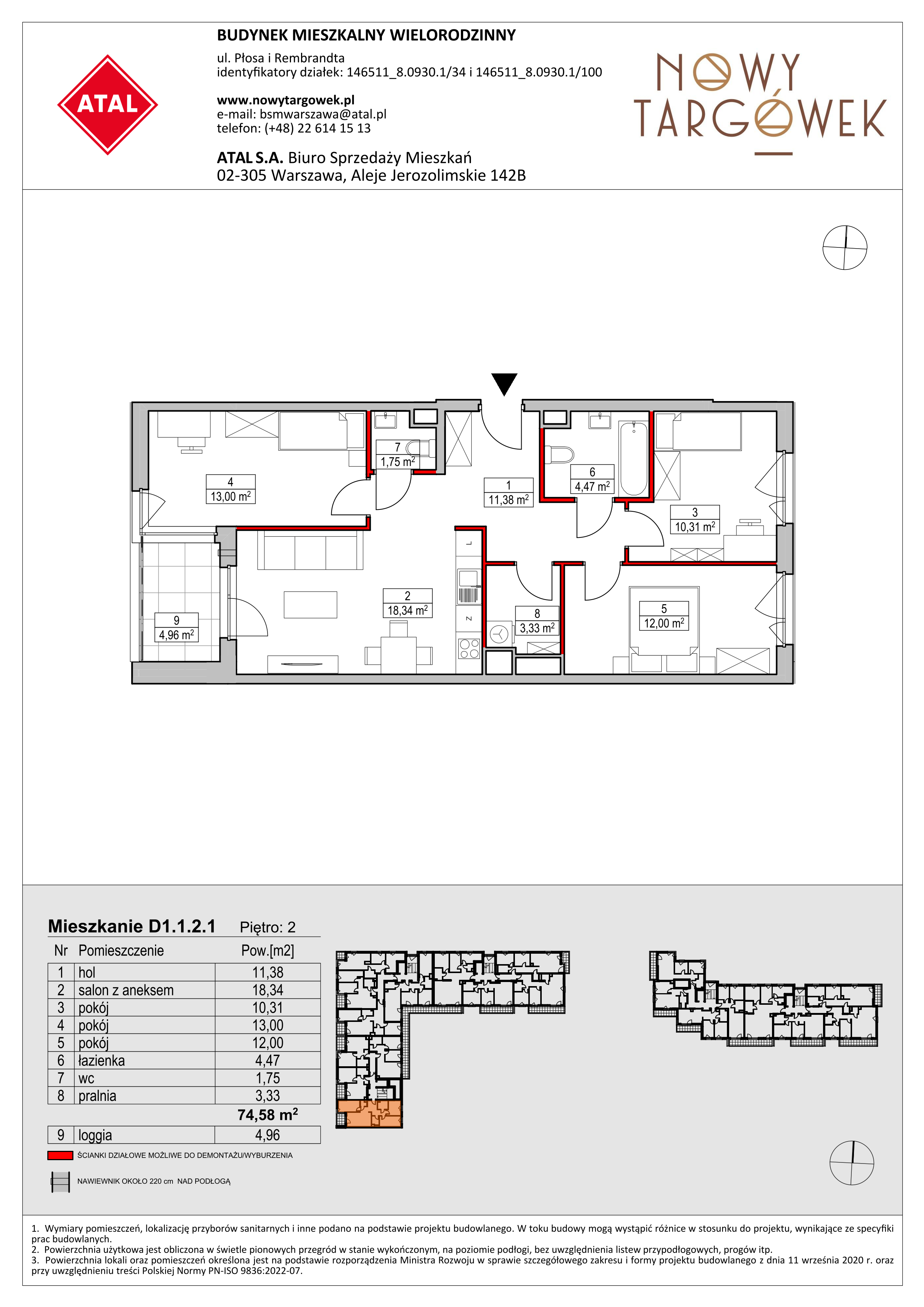 Mieszkanie 74,58 m², piętro 2, oferta nr D1.1.2.1, Nowy Targówek VI, Warszawa, Targówek, Targówek Mieszkaniowy, ul. Płosa 8-idx