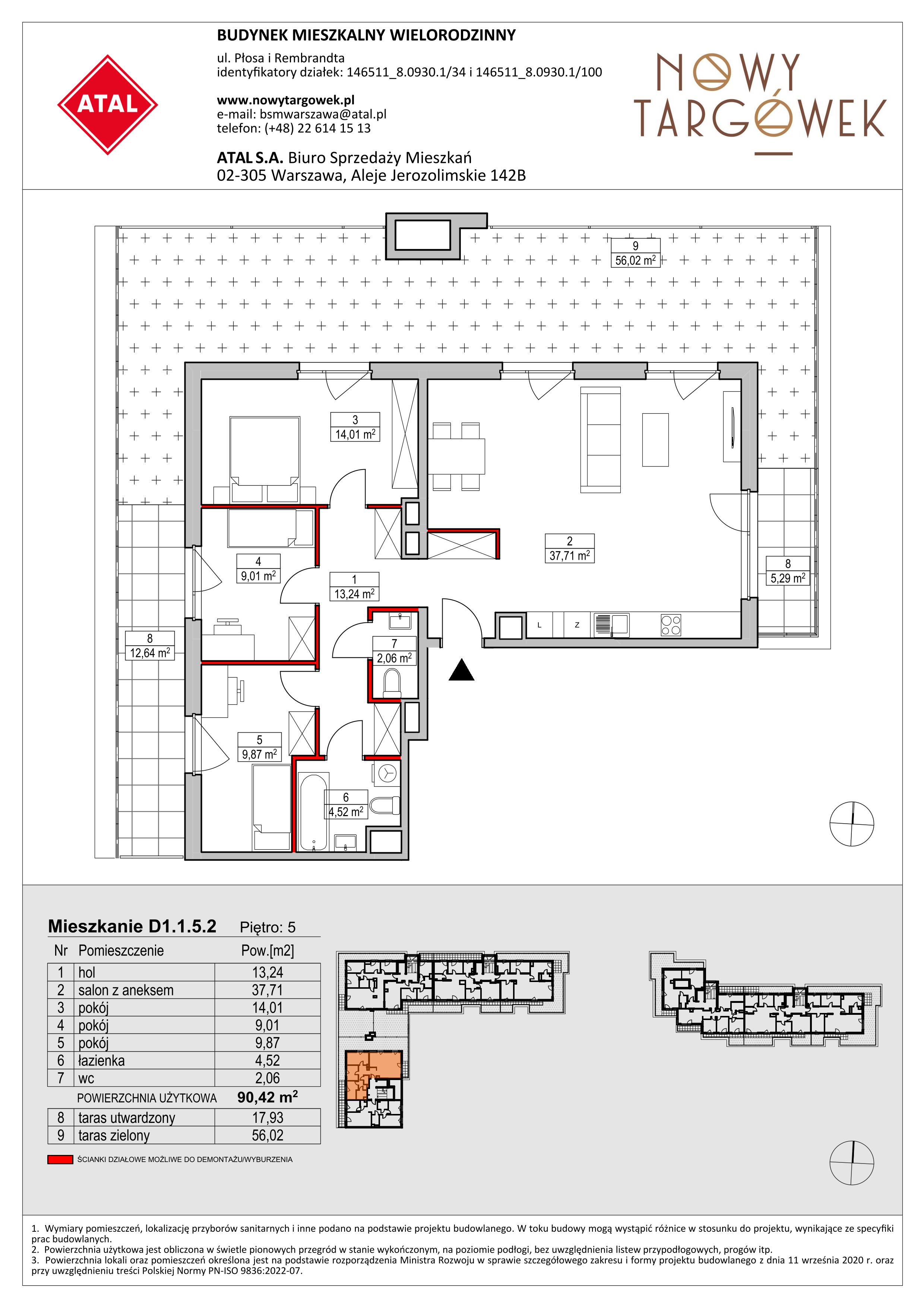 Mieszkanie 90,42 m², piętro 5, oferta nr D1.1.5.2, Nowy Targówek VI, Warszawa, Targówek, Targówek Mieszkaniowy, ul. Płosa 8-idx