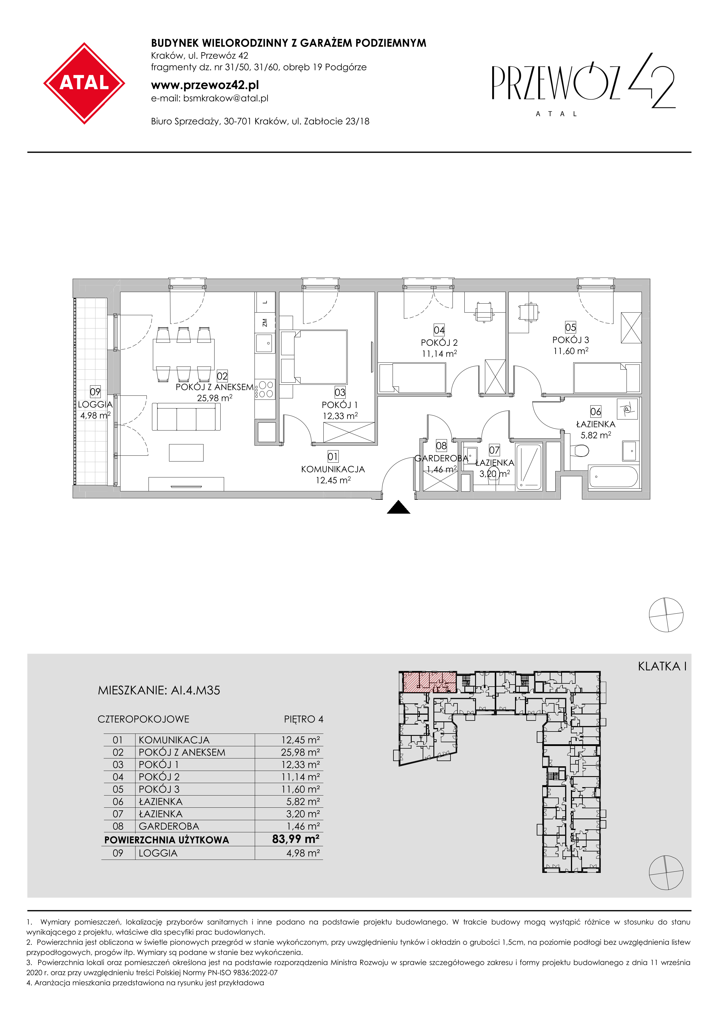 Mieszkanie 83,99 m², piętro 4, oferta nr AI.4.M35, Przewóz 42 ATAL, Kraków, Podgórze, Płaszów, ul. Przewóz 42-idx