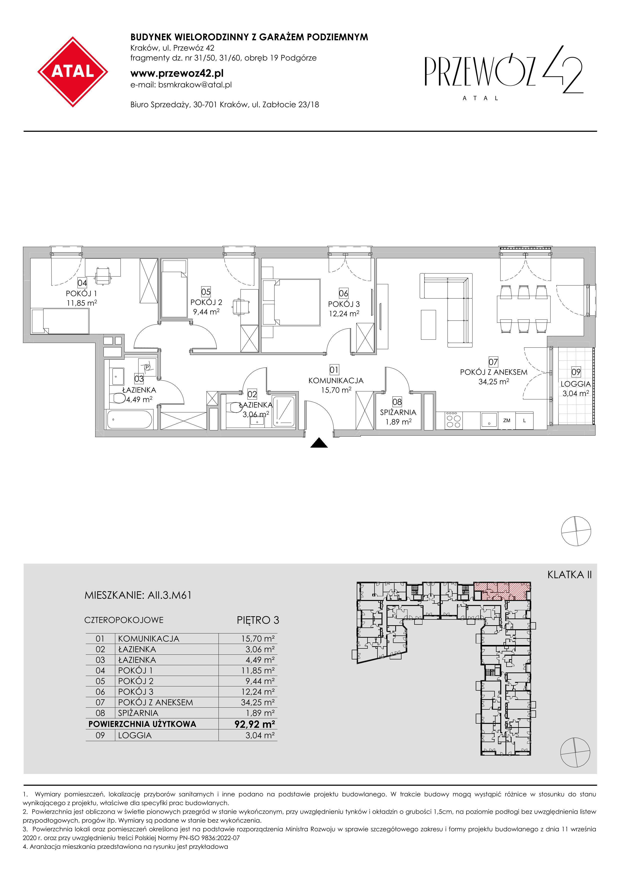 Mieszkanie 92,92 m², piętro 3, oferta nr AII.3.M61, Przewóz 42 ATAL, Kraków, Podgórze, Płaszów, ul. Przewóz 42-idx