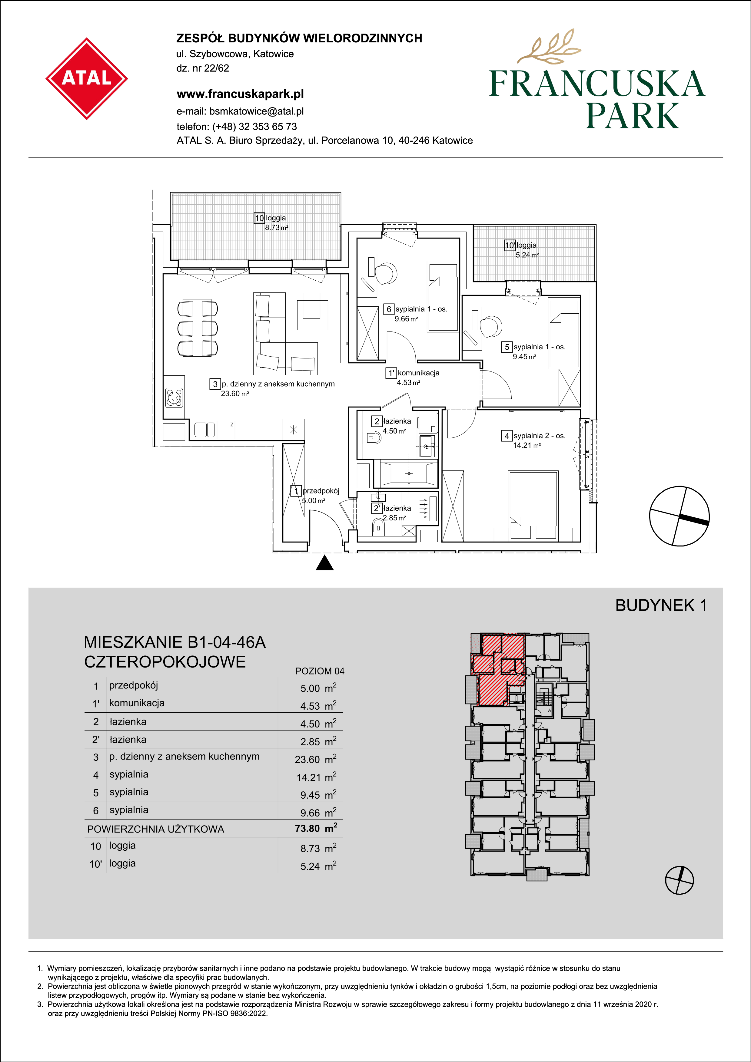 Mieszkanie 73,80 m², piętro 4, oferta nr B1-04-46A, Francuska Park, Katowice, Osiedle Paderewskiego-Muchowiec, Muchowiec, ul. Szybowcowa-idx