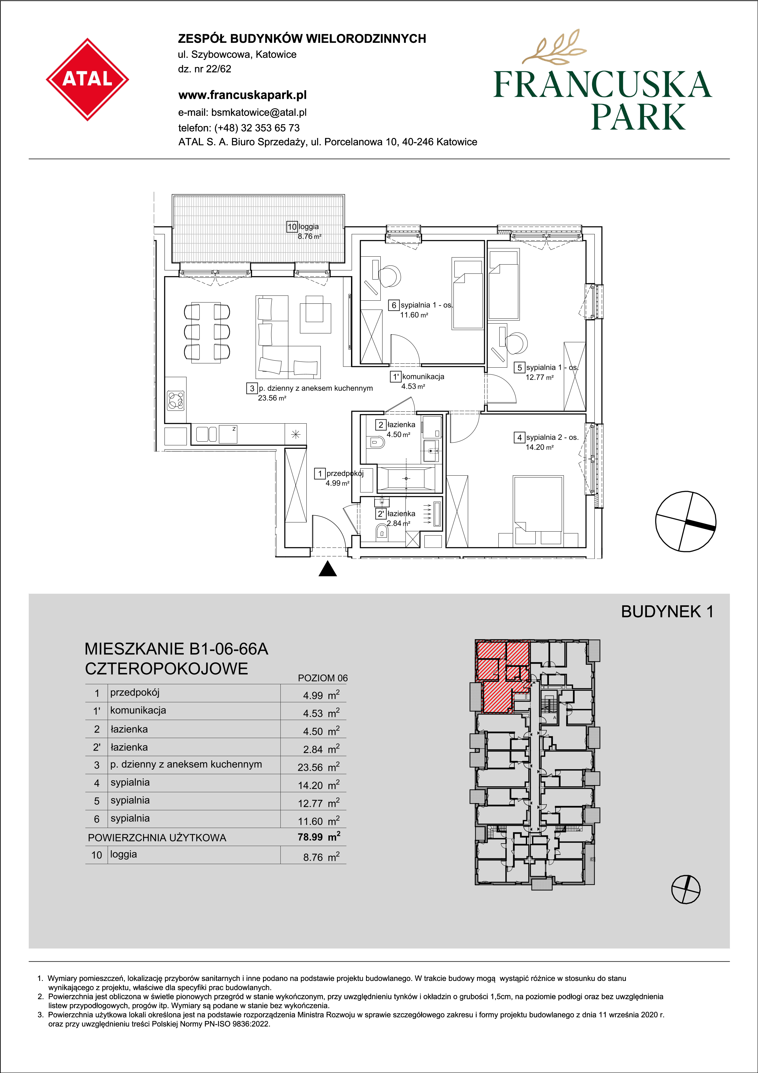 Mieszkanie 78,99 m², piętro 6, oferta nr B1-06-66A, Francuska Park, Katowice, Osiedle Paderewskiego-Muchowiec, Muchowiec, ul. Szybowcowa-idx