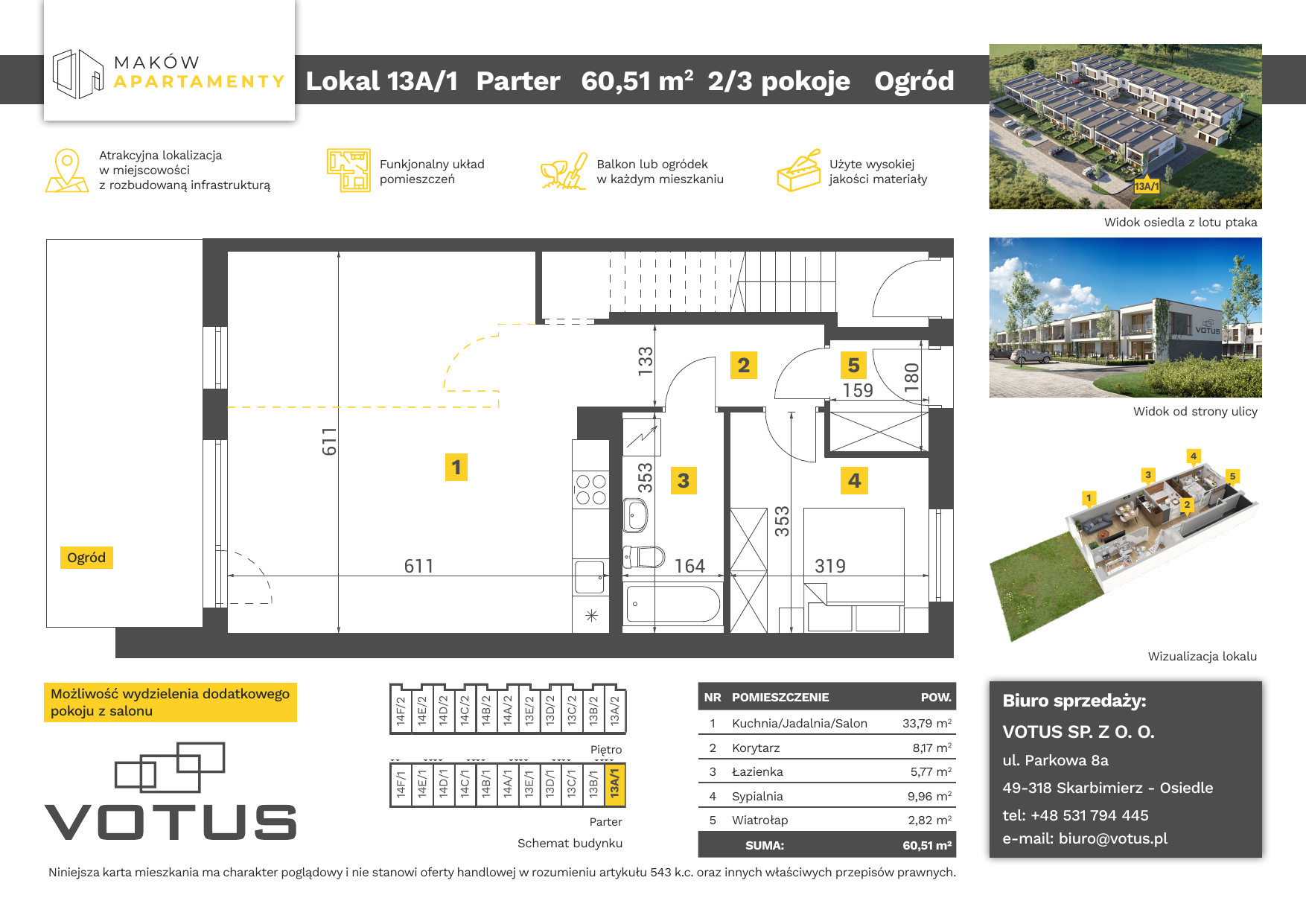 Mieszkanie 60,51 m², parter, oferta nr 13A/1, Maków Apartamenty, Skarbimierz-Osiedle, ul. Maków-idx