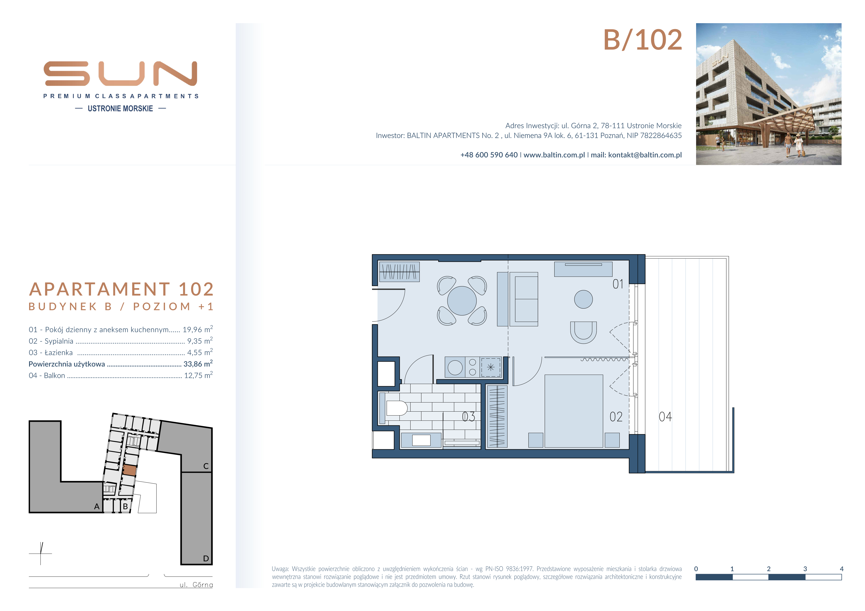 Mieszkanie 33,86 m², piętro 1, oferta nr B/102, Bałtyk SUN ***** Premium Hotel & Apartaments, Ustronie Morskie, ul. Górna 2-idx