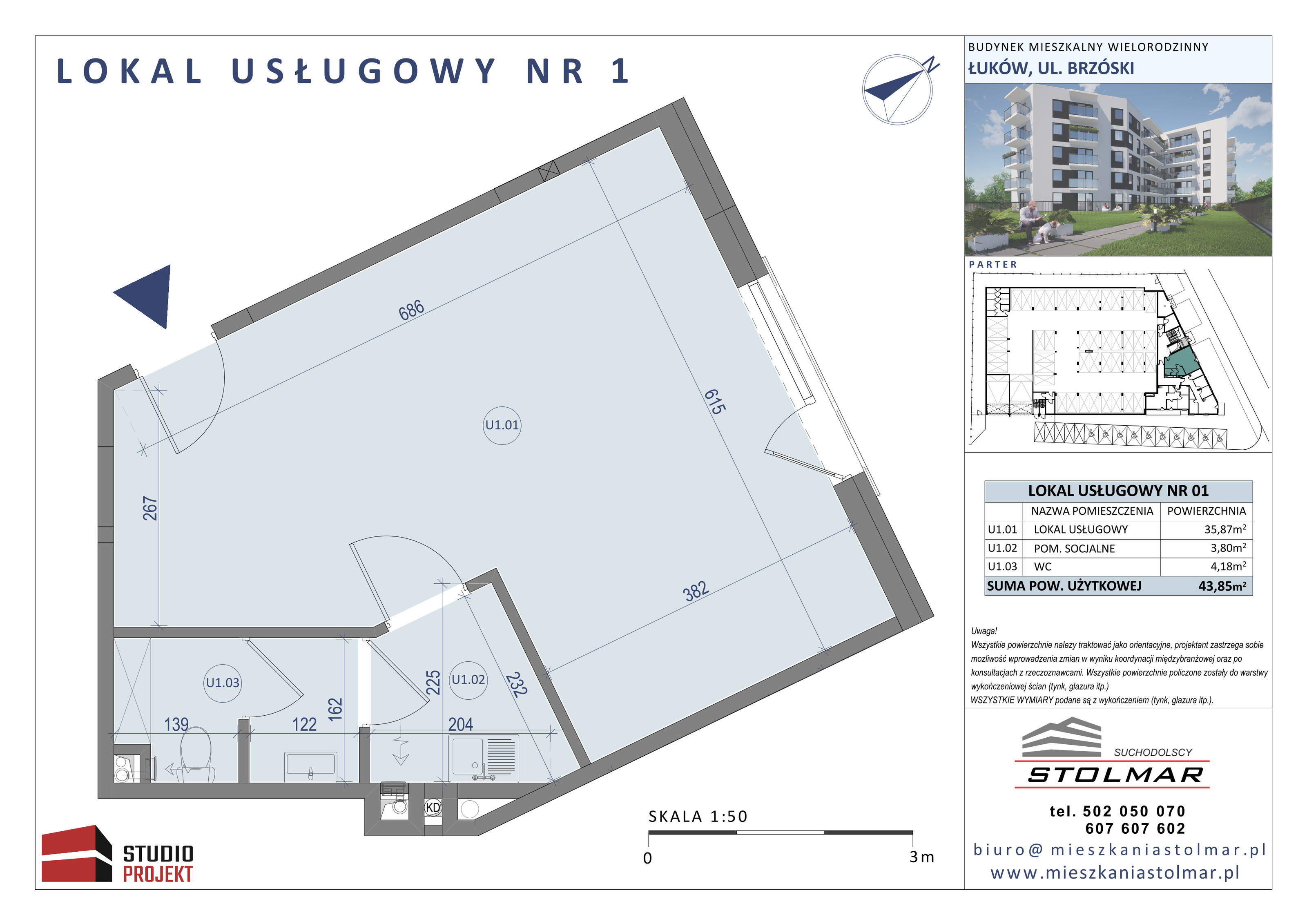 Lokal użytkowy 43,85 m², oferta nr U1, Osiedle Brzóski 21 - lokale użytkowe, Łuków, ul. Brzóski 21-idx