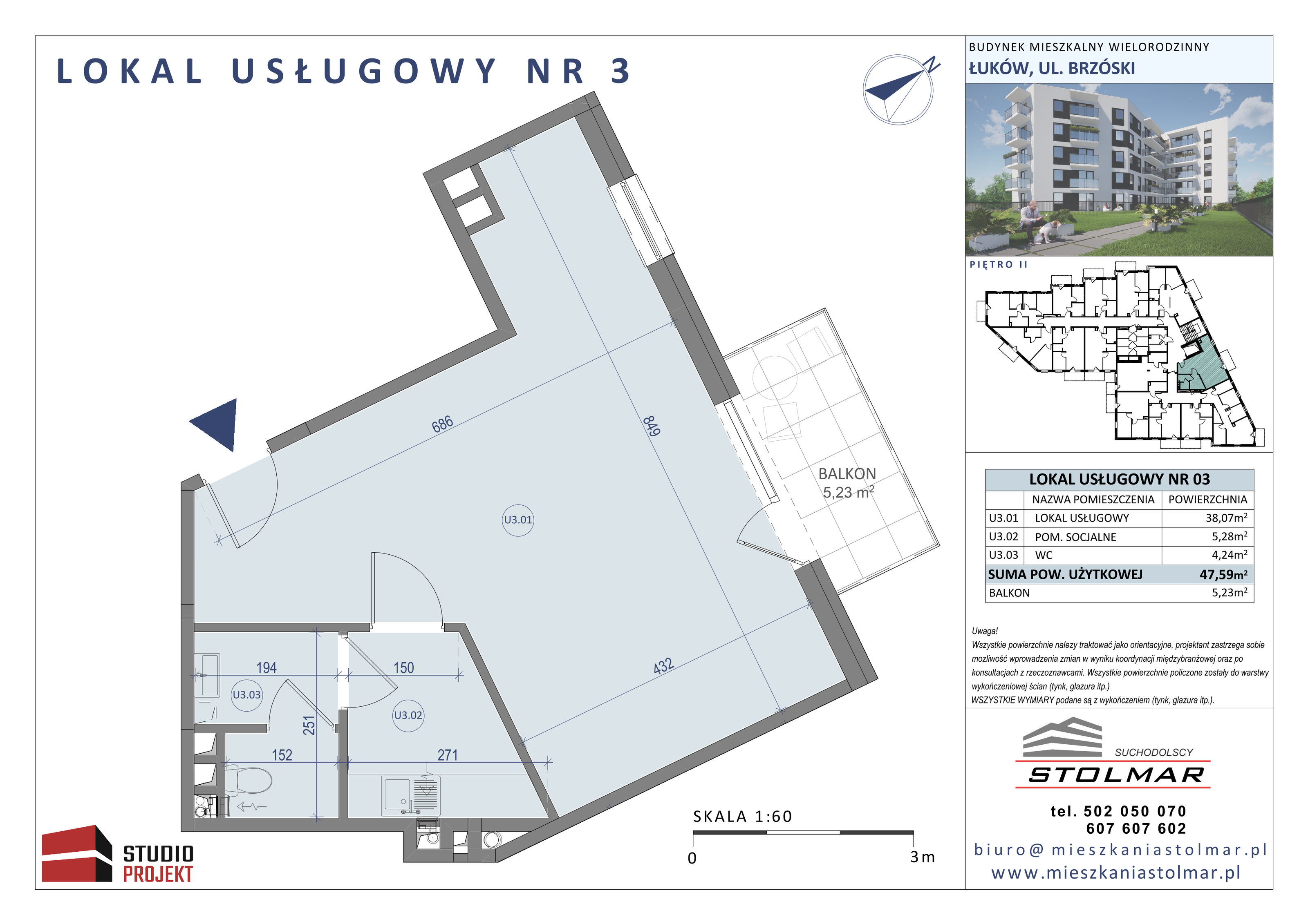 Lokal użytkowy 47,59 m², oferta nr U3, Osiedle Brzóski 21 - lokale użytkowe, Łuków, ul. Brzóski 21-idx