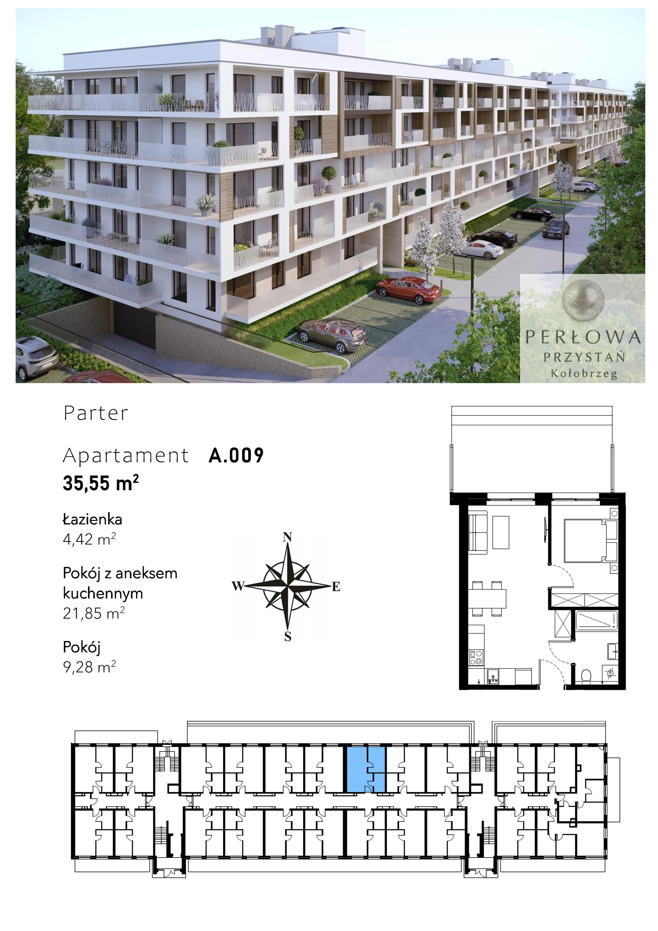 Mieszkanie 35,55 m², parter, oferta nr A.009, Perłowa Przystań Kołobrzeg Etap 2, Kołobrzeg, Osiedle Nr 7 Ogrody, Strefa Uzdrowiska, ul. Kołłątaja-idx