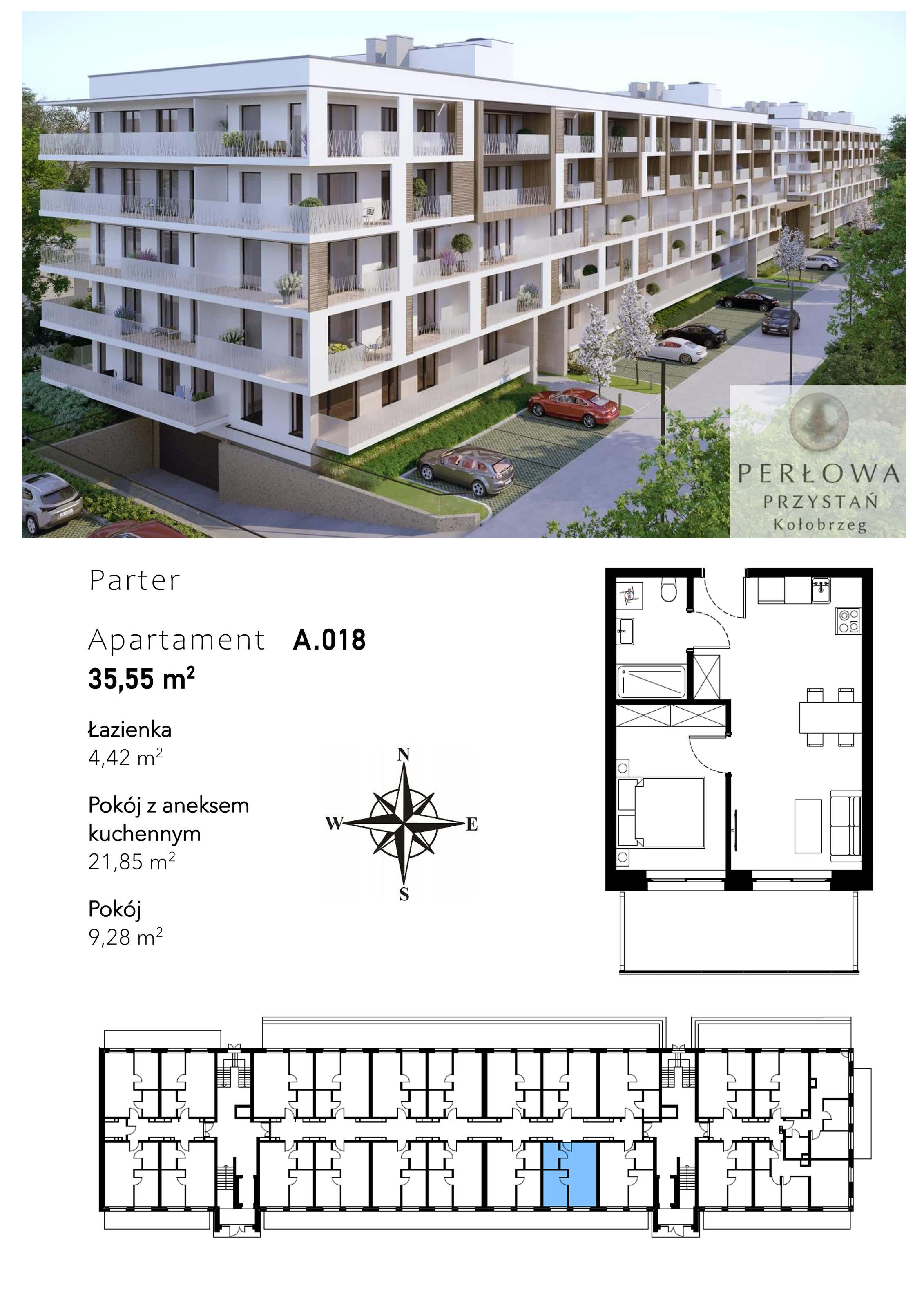 Mieszkanie 35,55 m², parter, oferta nr A.018, Perłowa Przystań Kołobrzeg Etap 2, Kołobrzeg, Osiedle Nr 7 Ogrody, Strefa Uzdrowiska, ul. Kołłątaja-idx