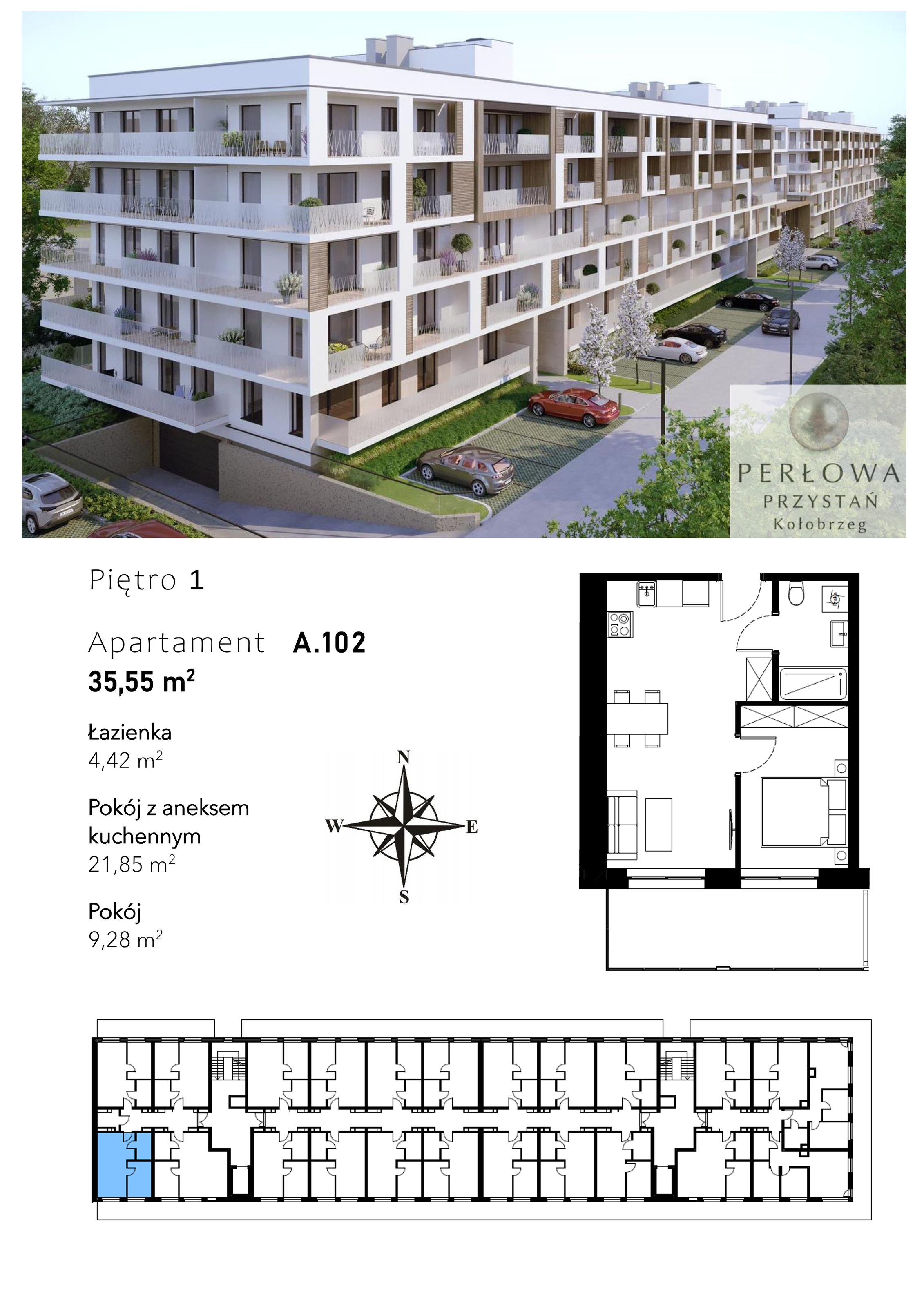 Mieszkanie 35,55 m², piętro 1, oferta nr A.102, Perłowa Przystań Kołobrzeg Etap 2, Kołobrzeg, Osiedle Nr 7 Ogrody, Strefa Uzdrowiska, ul. Kołłątaja-idx