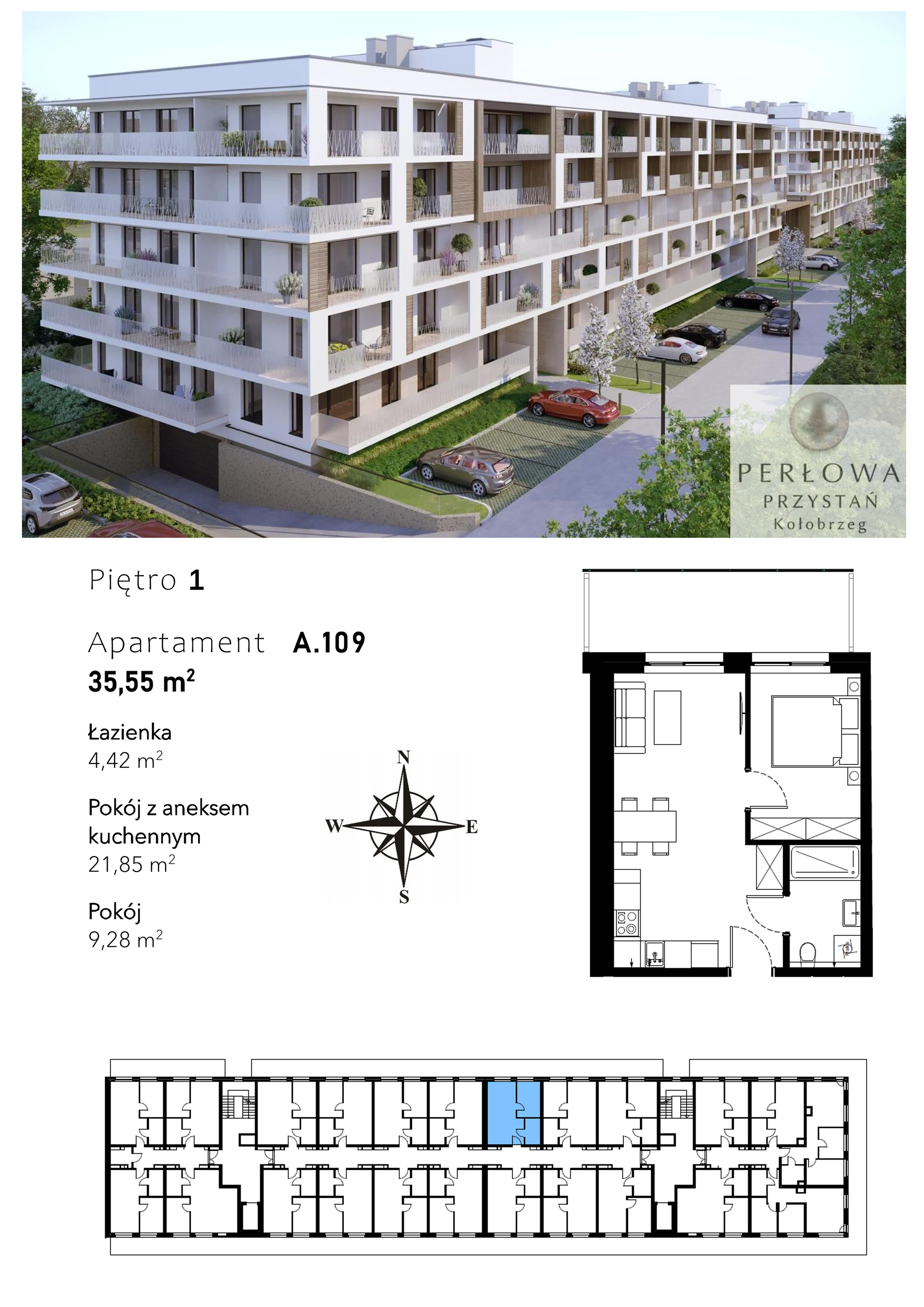 Mieszkanie 35,55 m², piętro 1, oferta nr A.109, Perłowa Przystań Kołobrzeg Etap 2, Kołobrzeg, Osiedle Nr 7 Ogrody, Strefa Uzdrowiska, ul. Kołłątaja-idx