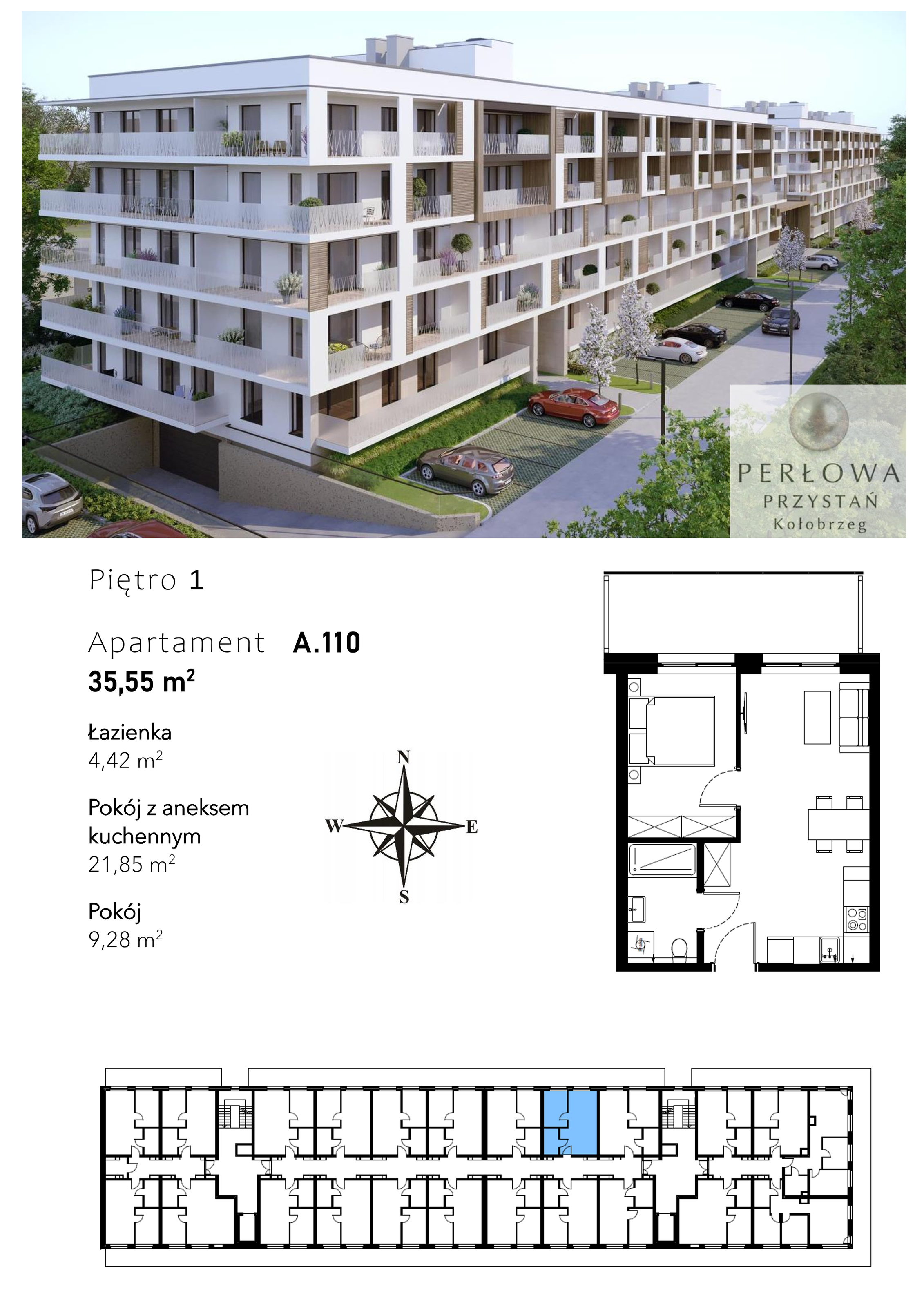 Mieszkanie 35,55 m², piętro 1, oferta nr A.110, Perłowa Przystań Kołobrzeg Etap 2, Kołobrzeg, Osiedle Nr 7 Ogrody, Strefa Uzdrowiska, ul. Kołłątaja-idx