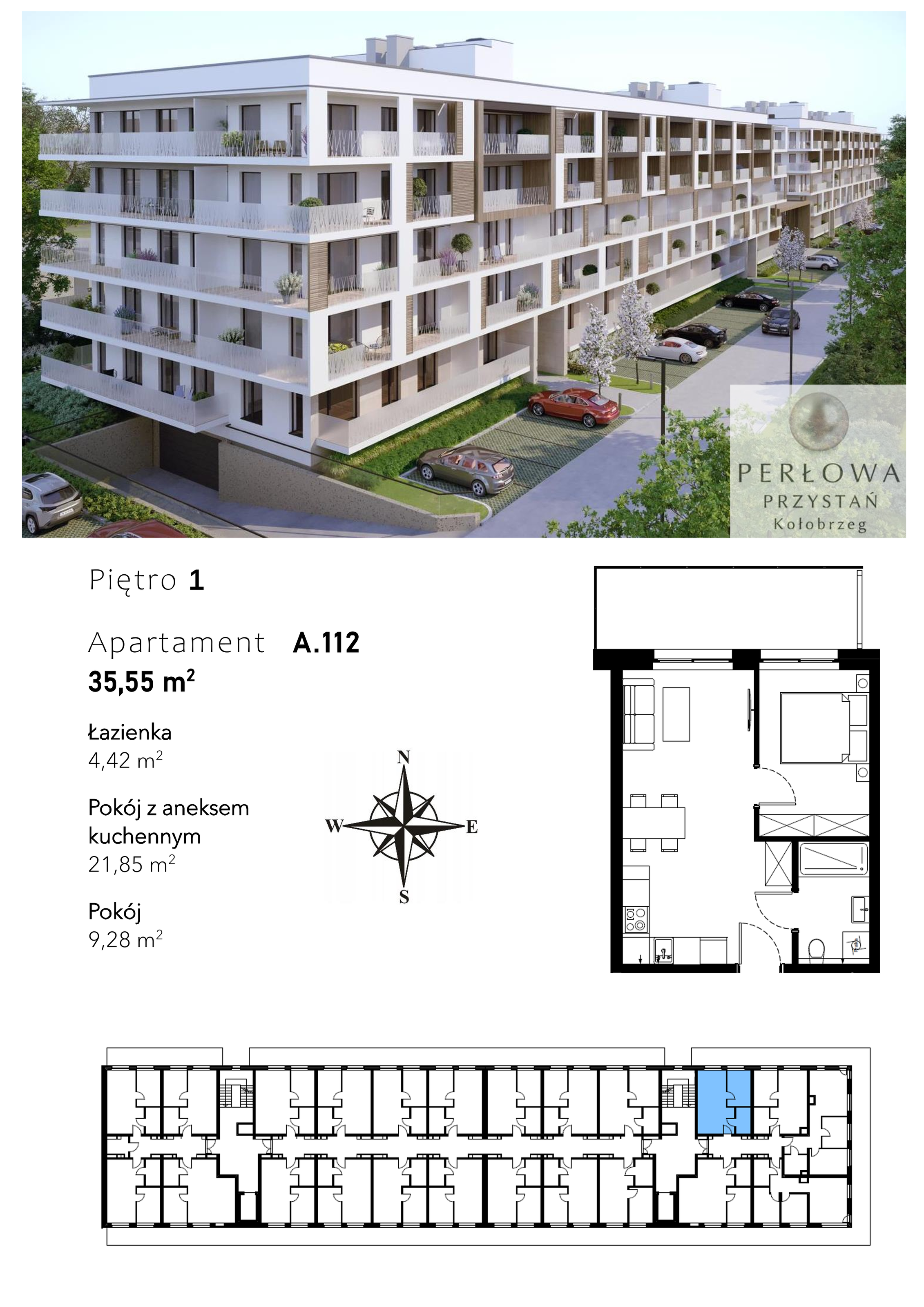 Mieszkanie 35,55 m², piętro 1, oferta nr A.112, Perłowa Przystań Kołobrzeg Etap 2, Kołobrzeg, Osiedle Nr 7 Ogrody, Strefa Uzdrowiska, ul. Kołłątaja-idx