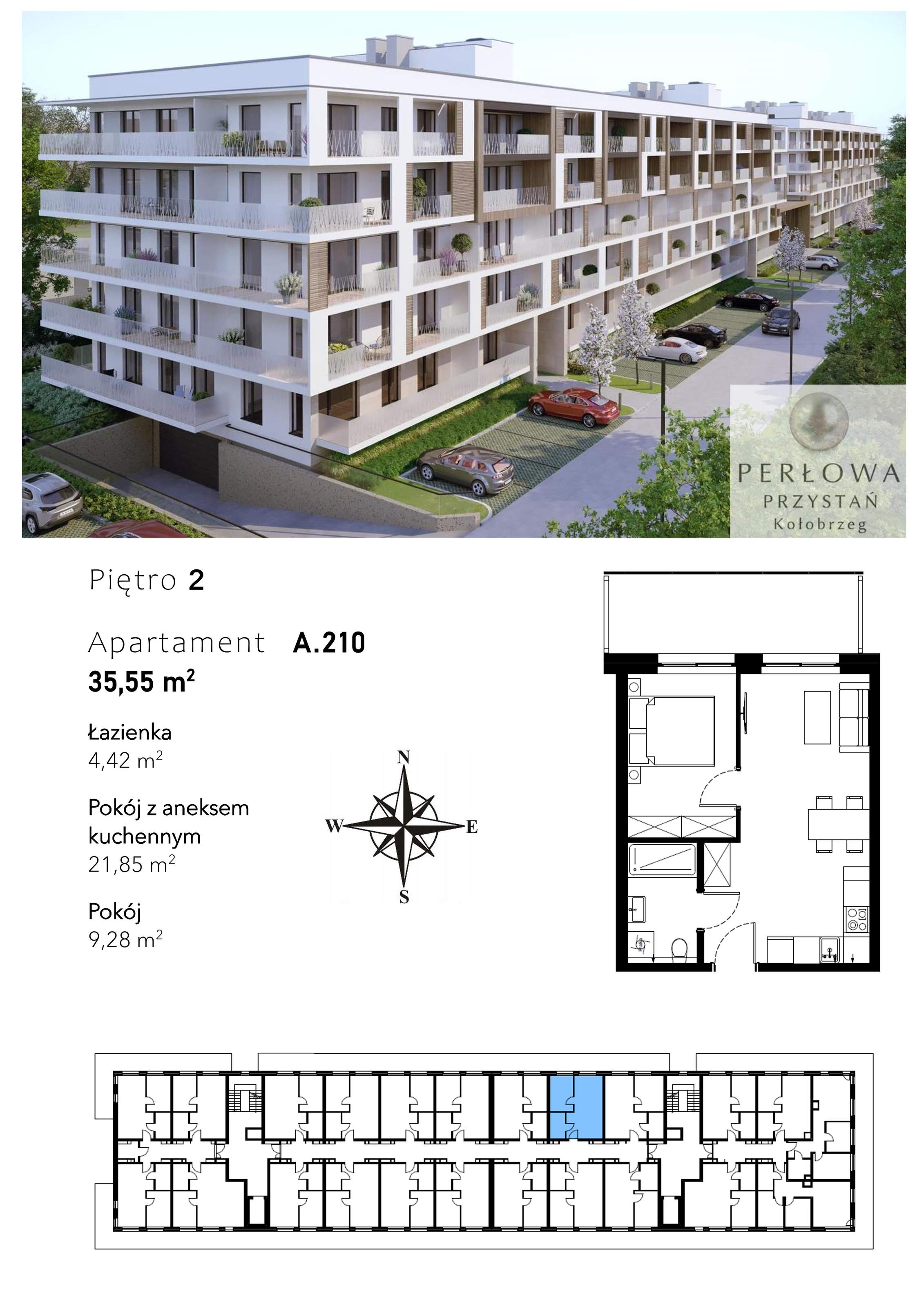 Mieszkanie 35,55 m², piętro 2, oferta nr A.210, Perłowa Przystań Kołobrzeg Etap 2, Kołobrzeg, Osiedle Nr 7 Ogrody, Strefa Uzdrowiska, ul. Kołłątaja-idx