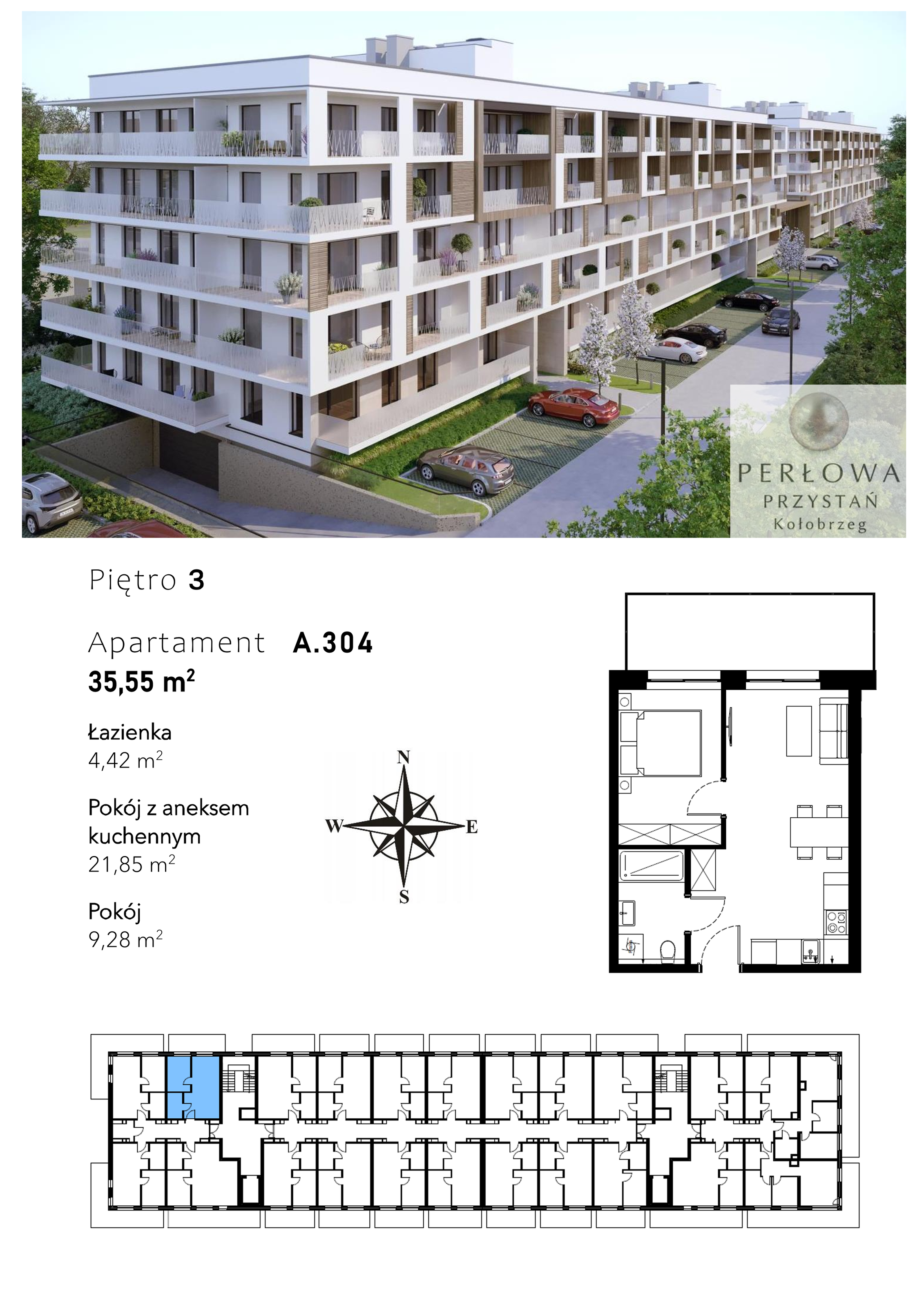 Mieszkanie 35,55 m², piętro 3, oferta nr A.304, Perłowa Przystań Kołobrzeg Etap 2, Kołobrzeg, Osiedle Nr 7 Ogrody, Strefa Uzdrowiska, ul. Kołłątaja-idx