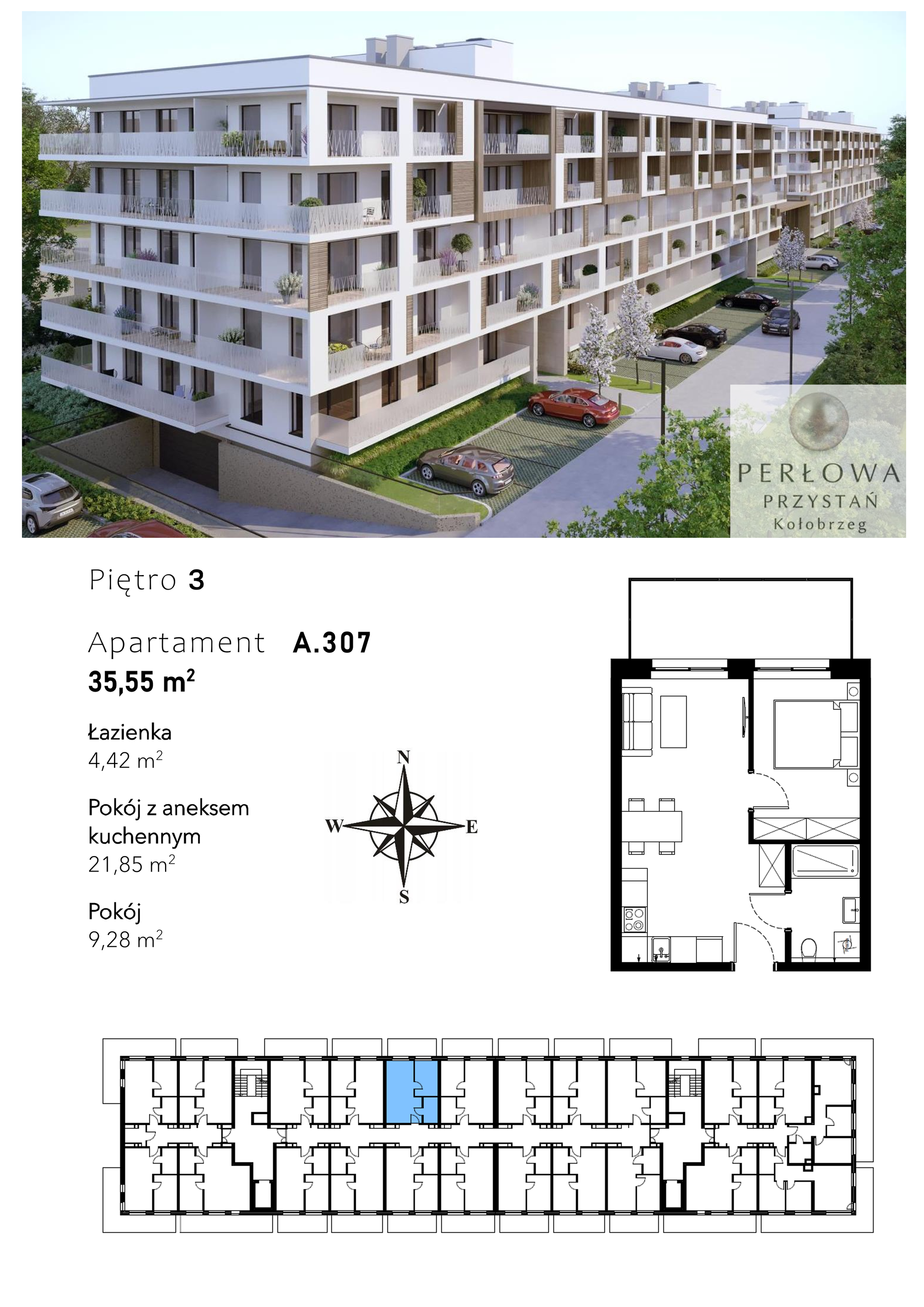 Mieszkanie 35,55 m², piętro 3, oferta nr A.307, Perłowa Przystań Kołobrzeg Etap 2, Kołobrzeg, Osiedle Nr 7 Ogrody, Strefa Uzdrowiska, ul. Kołłątaja-idx