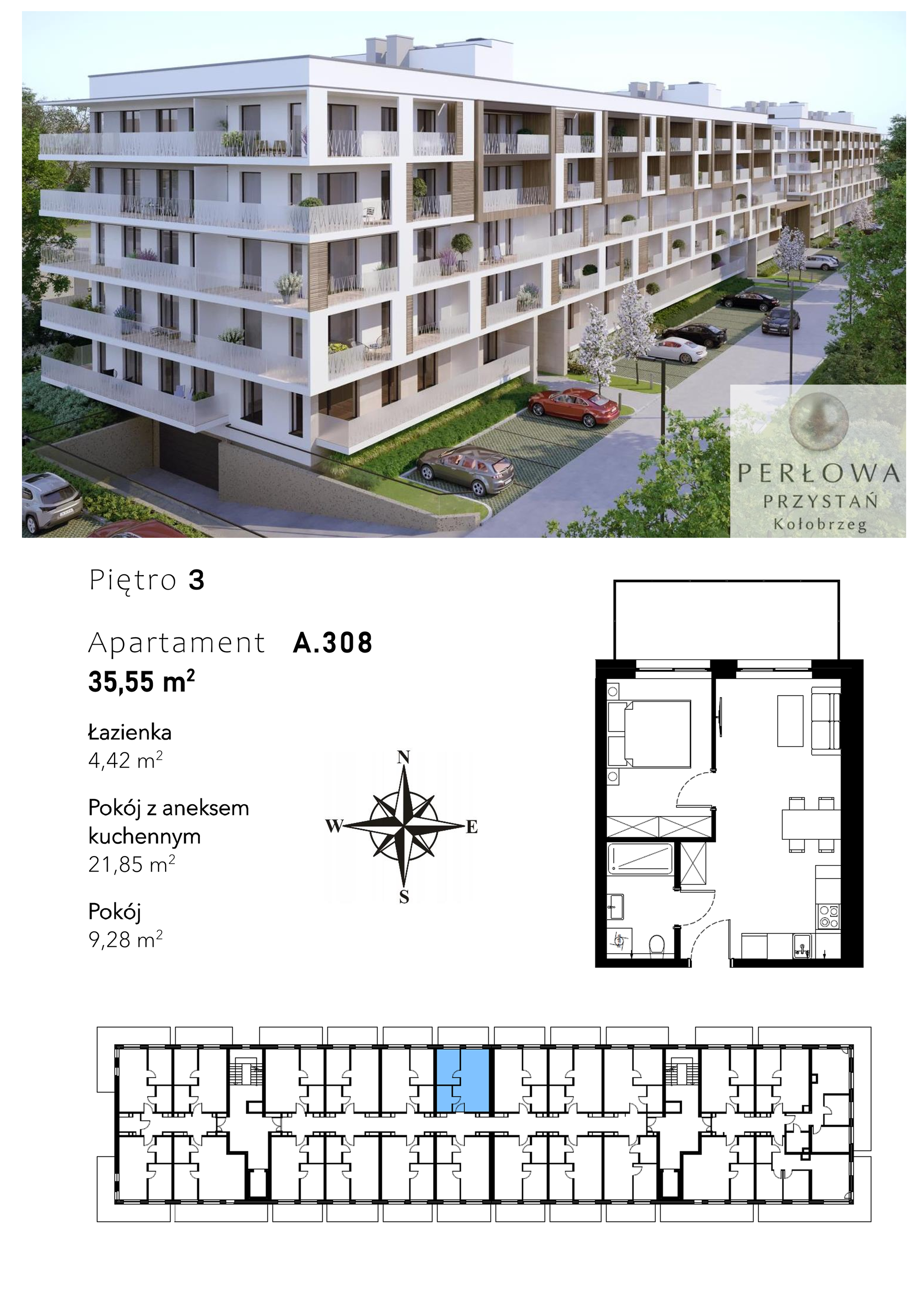 Mieszkanie 35,55 m², piętro 3, oferta nr A.308, Perłowa Przystań Kołobrzeg Etap 2, Kołobrzeg, Osiedle Nr 7 Ogrody, Strefa Uzdrowiska, ul. Kołłątaja-idx