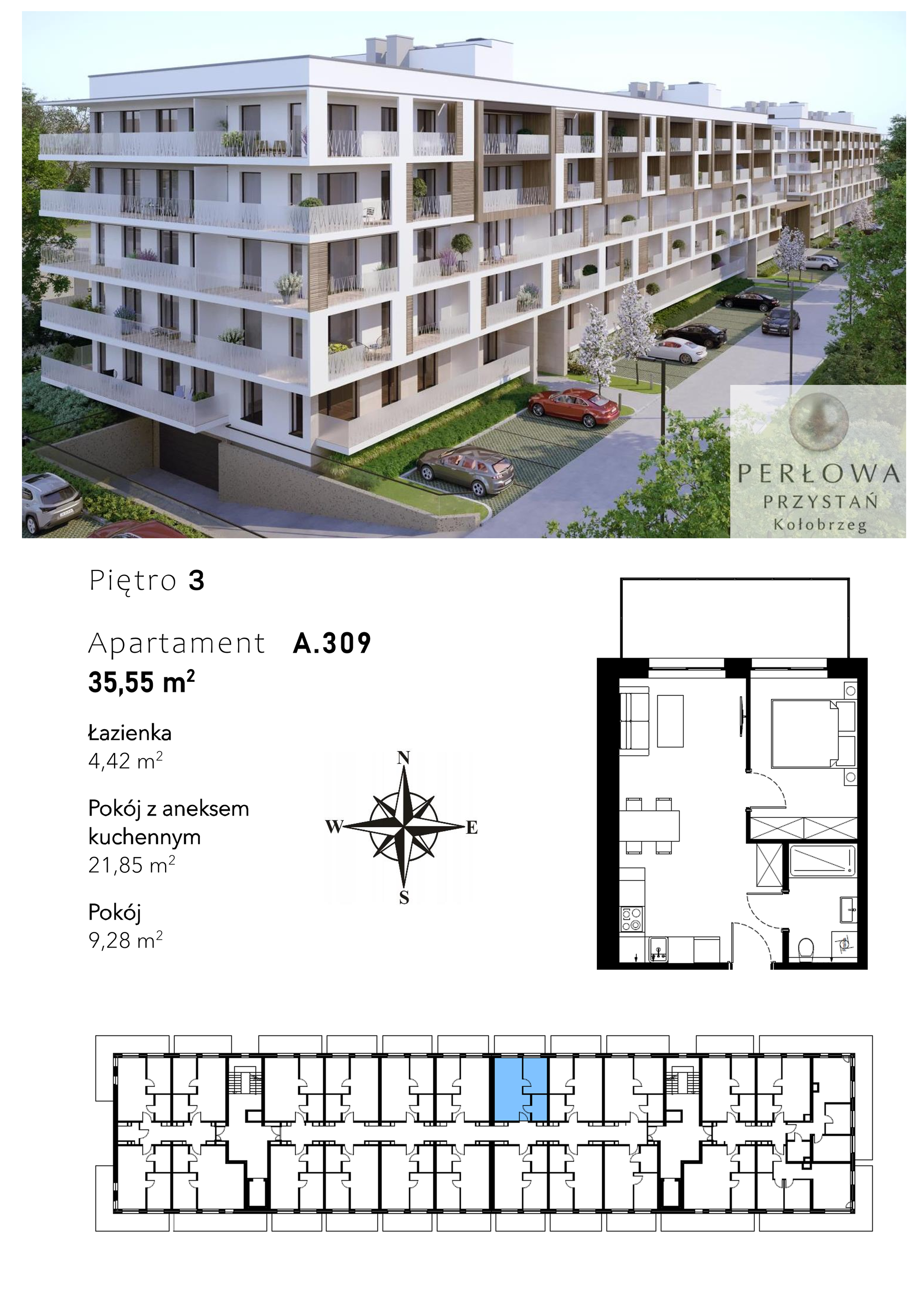 Mieszkanie 35,55 m², piętro 3, oferta nr A.309, Perłowa Przystań Kołobrzeg Etap 2, Kołobrzeg, Osiedle Nr 7 Ogrody, Strefa Uzdrowiska, ul. Kołłątaja-idx