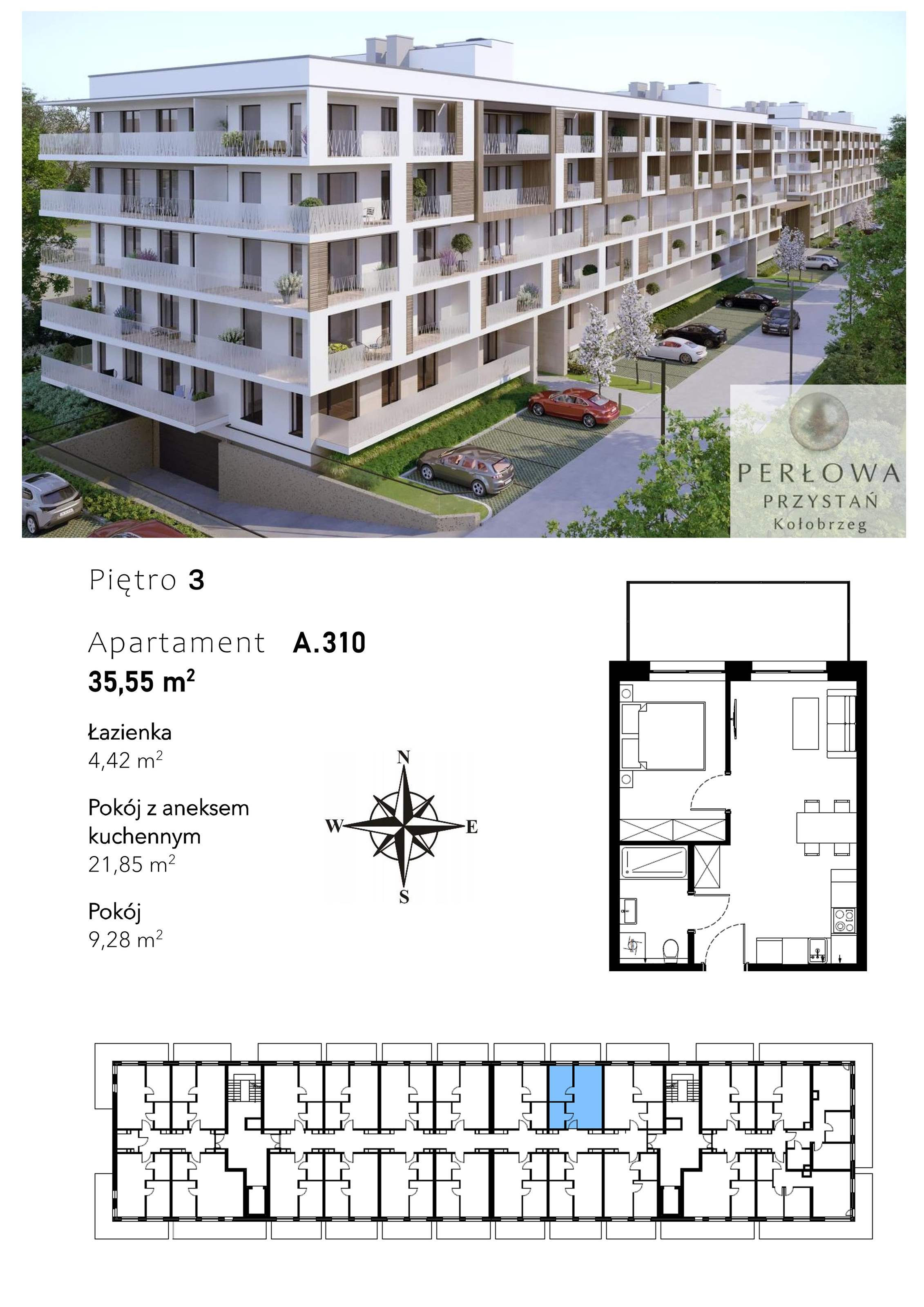 Mieszkanie 35,55 m², piętro 3, oferta nr A.310, Perłowa Przystań Kołobrzeg Etap 2, Kołobrzeg, Osiedle Nr 7 Ogrody, Strefa Uzdrowiska, ul. Kołłątaja-idx