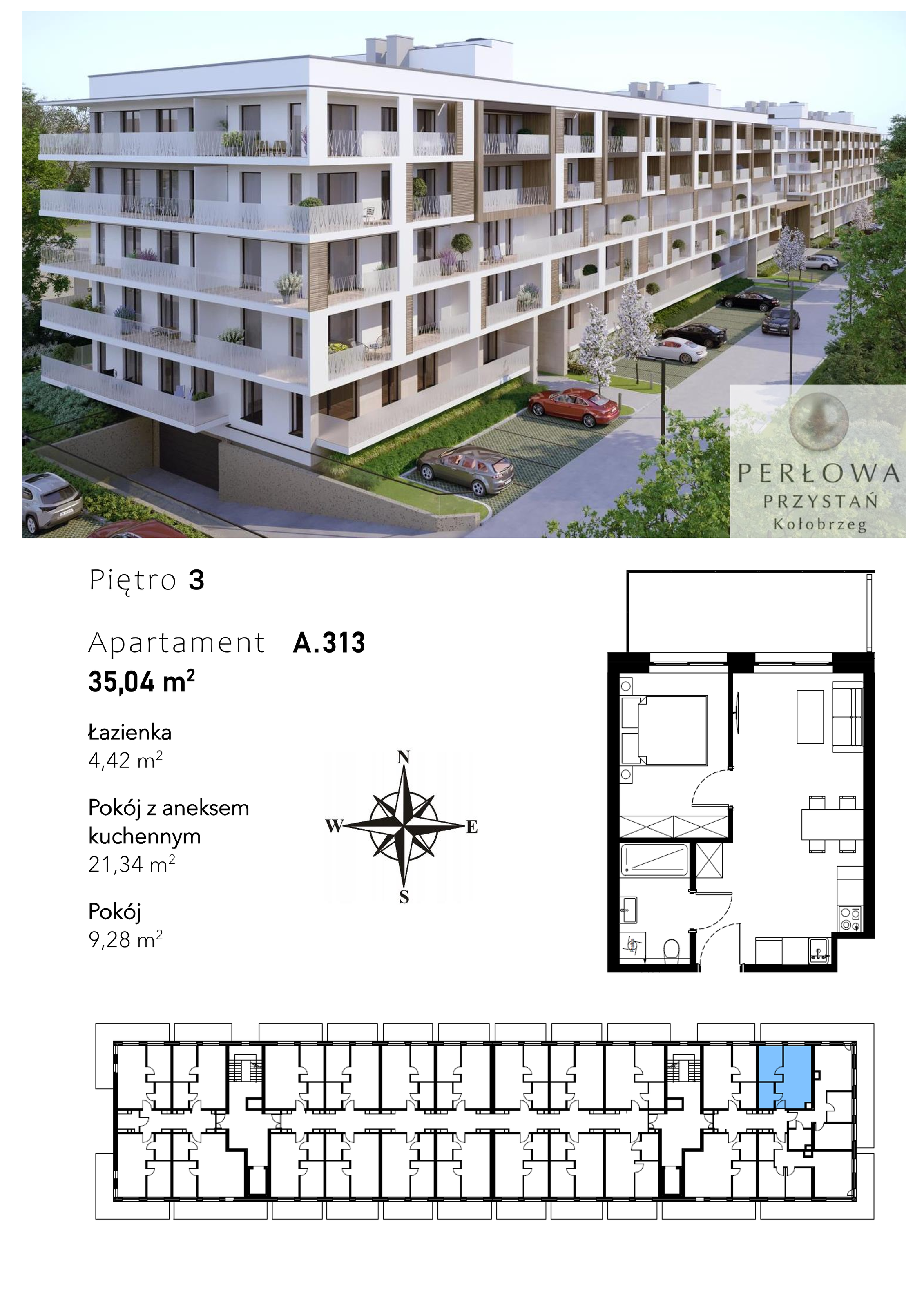 Mieszkanie 35,04 m², piętro 3, oferta nr A.313, Perłowa Przystań Kołobrzeg Etap 2, Kołobrzeg, Osiedle Nr 7 Ogrody, Strefa Uzdrowiska, ul. Kołłątaja-idx