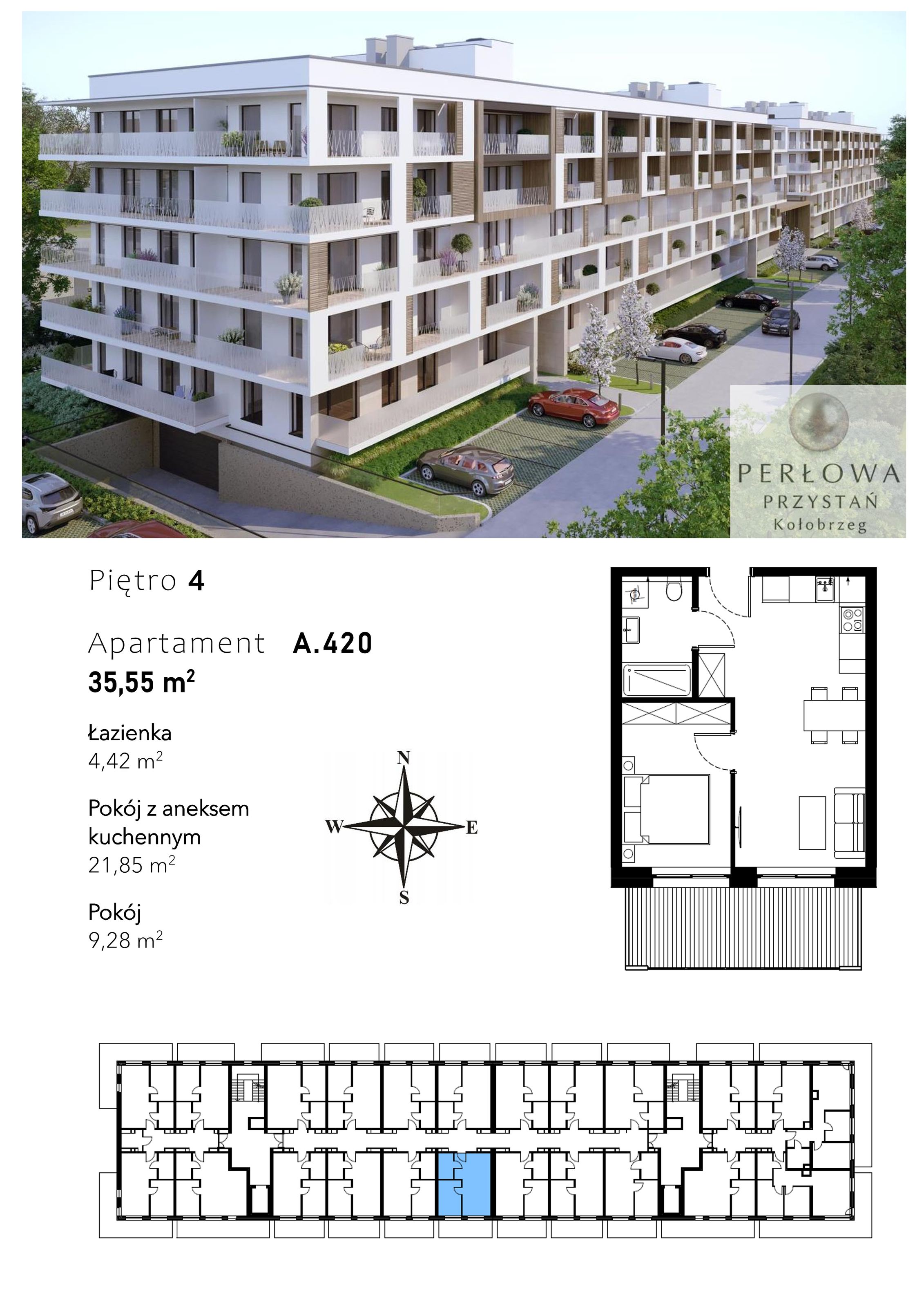 Mieszkanie 35,55 m², piętro 4, oferta nr A.420, Perłowa Przystań Kołobrzeg Etap 2, Kołobrzeg, Osiedle Nr 7 Ogrody, Strefa Uzdrowiska, ul. Kołłątaja-idx