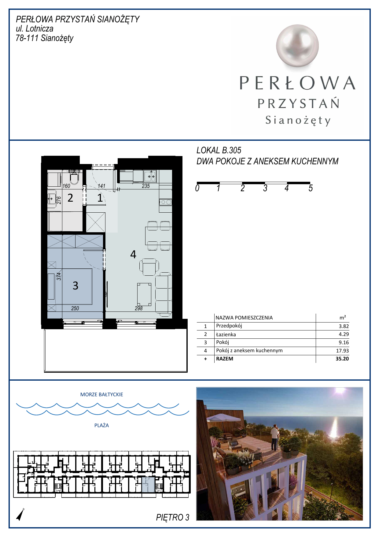 Apartament 35,20 m², piętro 3, oferta nr B.305, Perłowa Przystań, Sianożęty, ul. Sztormowa-idx