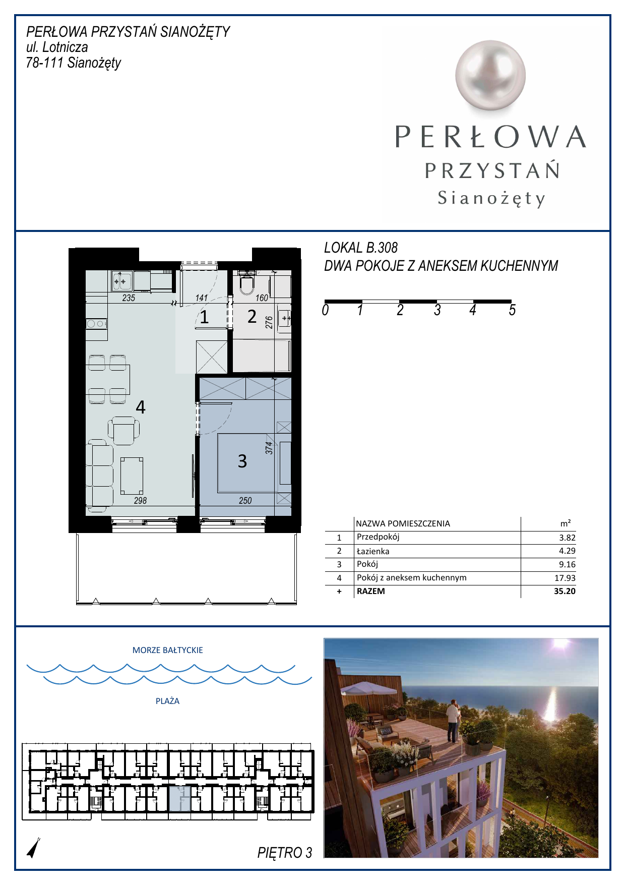 Apartament 35,20 m², piętro 3, oferta nr B.308, Perłowa Przystań, Sianożęty, ul. Sztormowa-idx