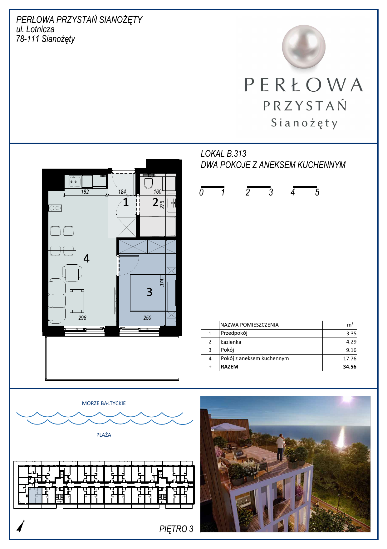 Apartament 34,56 m², piętro 3, oferta nr B.313, Perłowa Przystań, Sianożęty, ul. Sztormowa-idx