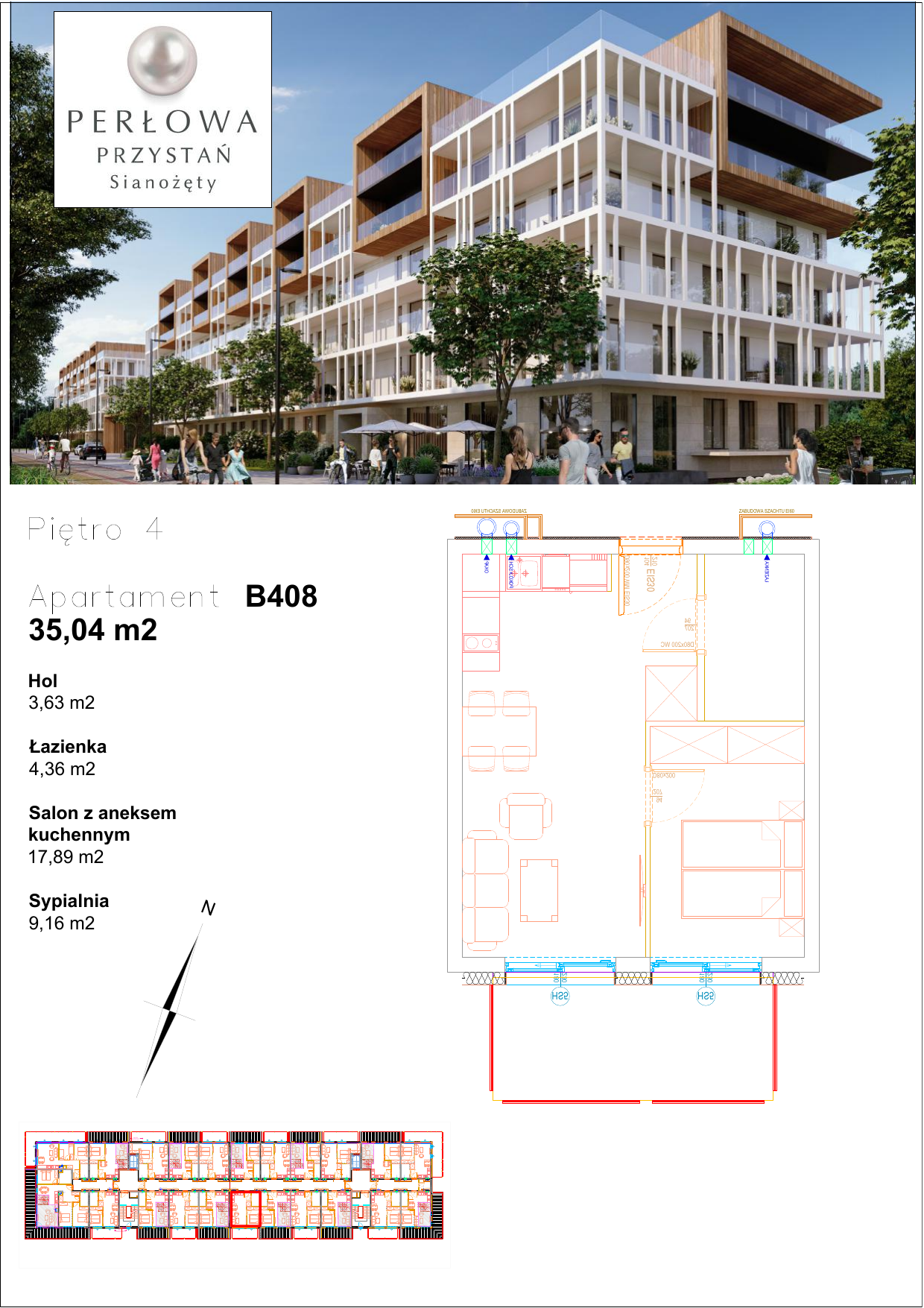 Mieszkanie 35,04 m², piętro 4, oferta nr B.408, Perłowa Przystań, Sianożęty, ul. Sztormowa-idx