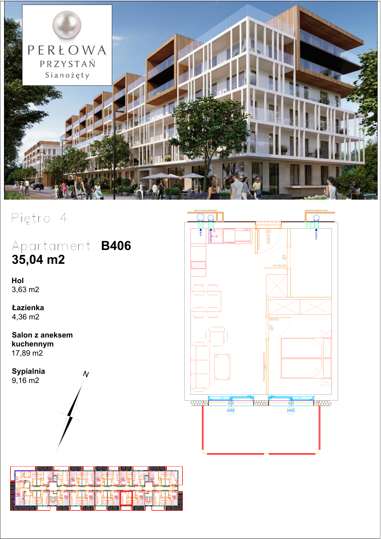 Mieszkanie 35,04 m², piętro 4, oferta nr B.406, Perłowa Przystań, Sianożęty, ul. Sztormowa-idx