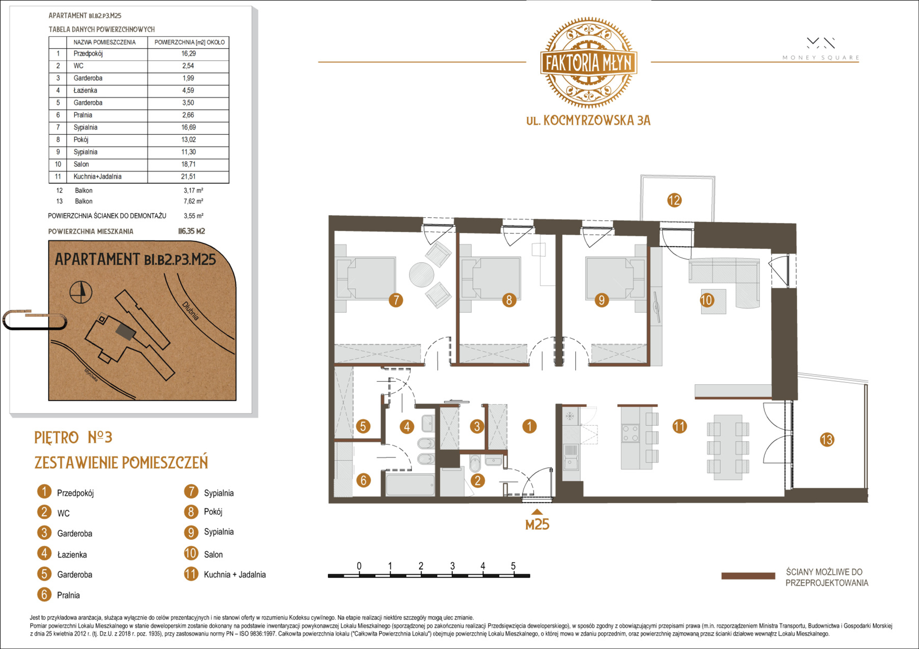 Mieszkanie 116,35 m², piętro 3, oferta nr B1.B2.P3.M25, Faktoria Młyn, Kraków, Bieńczyce, ul. Kocmyrzowska 3A-idx