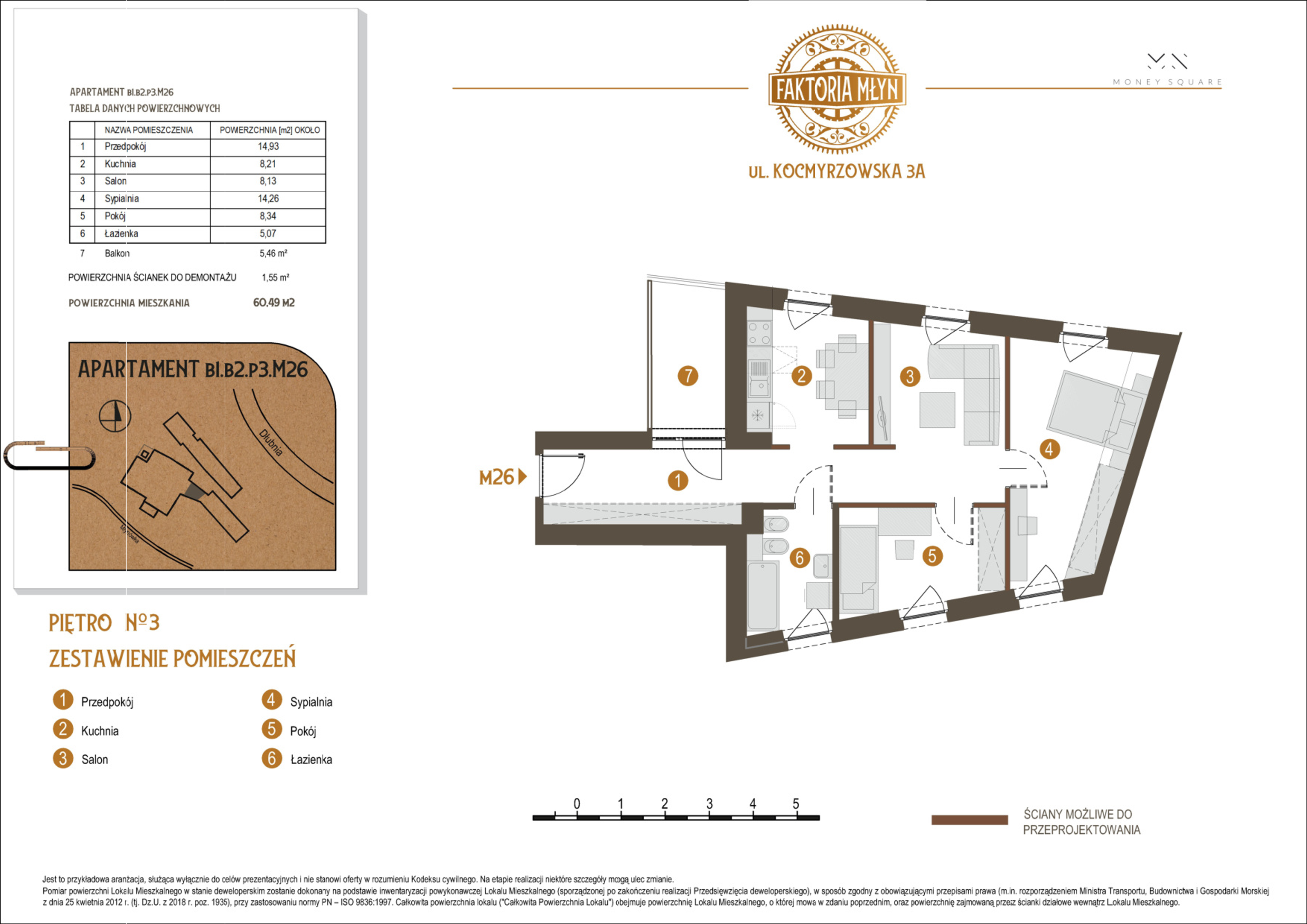 Mieszkanie 60,49 m², piętro 3, oferta nr B1.B2.P3.M26, Faktoria Młyn, Kraków, Bieńczyce, ul. Kocmyrzowska 3A-idx