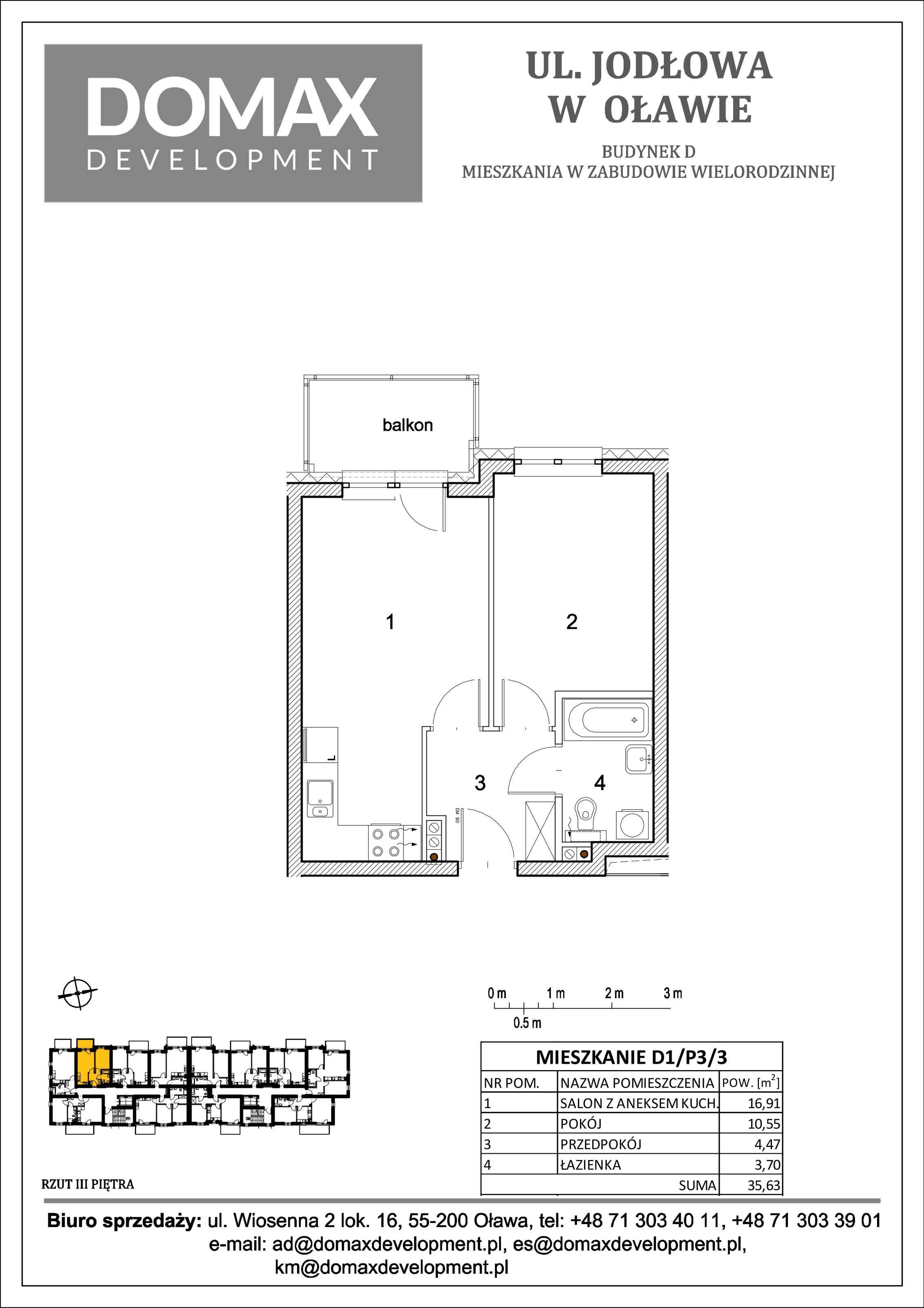 Mieszkanie 35,63 m², piętro 3, oferta nr D1/P3/3, Osiedle Jodłowa etap II, Oława, ul. Jodłowa-idx