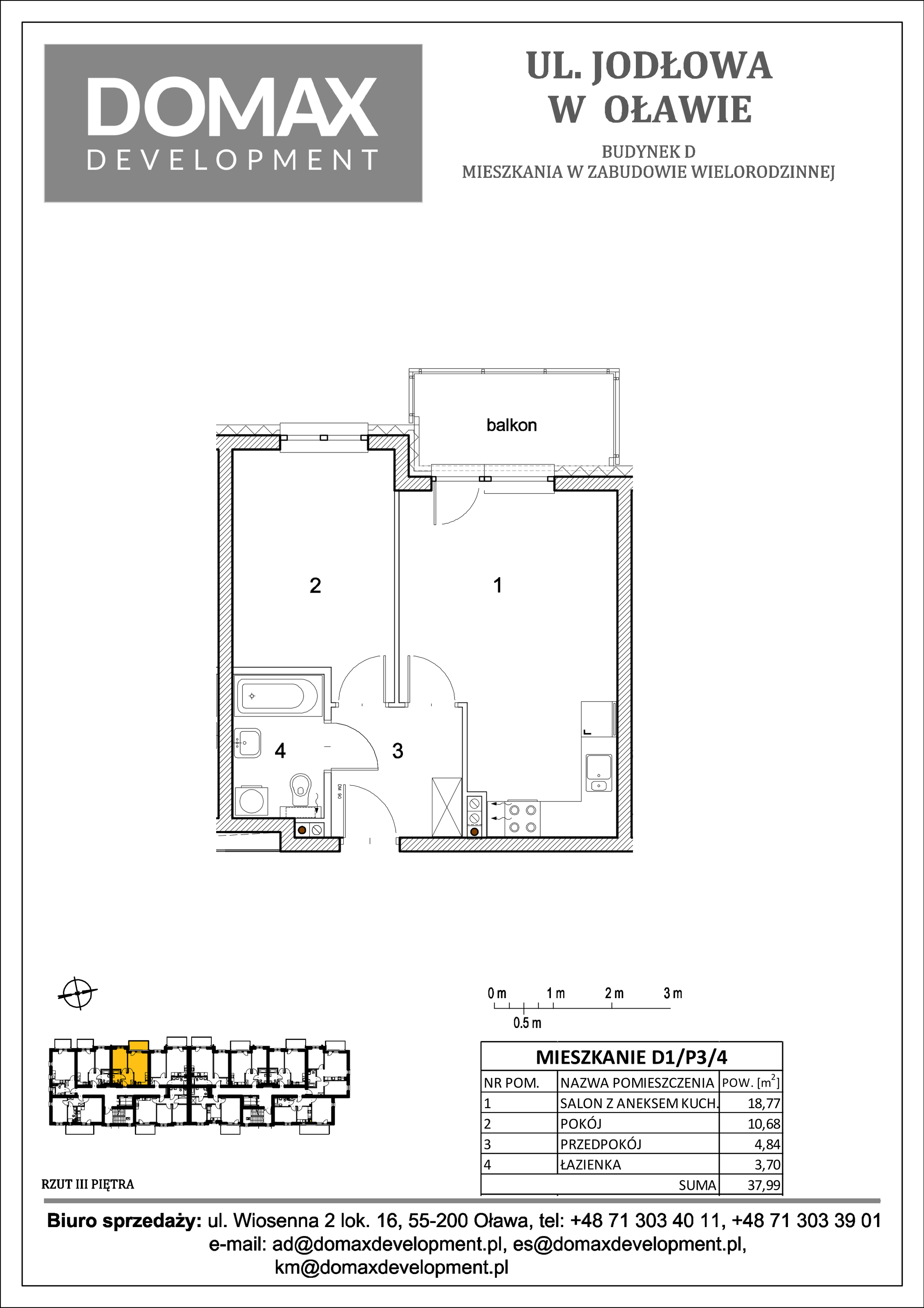 Mieszkanie 37,99 m², piętro 3, oferta nr D1/P3/4, Osiedle Jodłowa etap II, Oława, ul. Jodłowa-idx