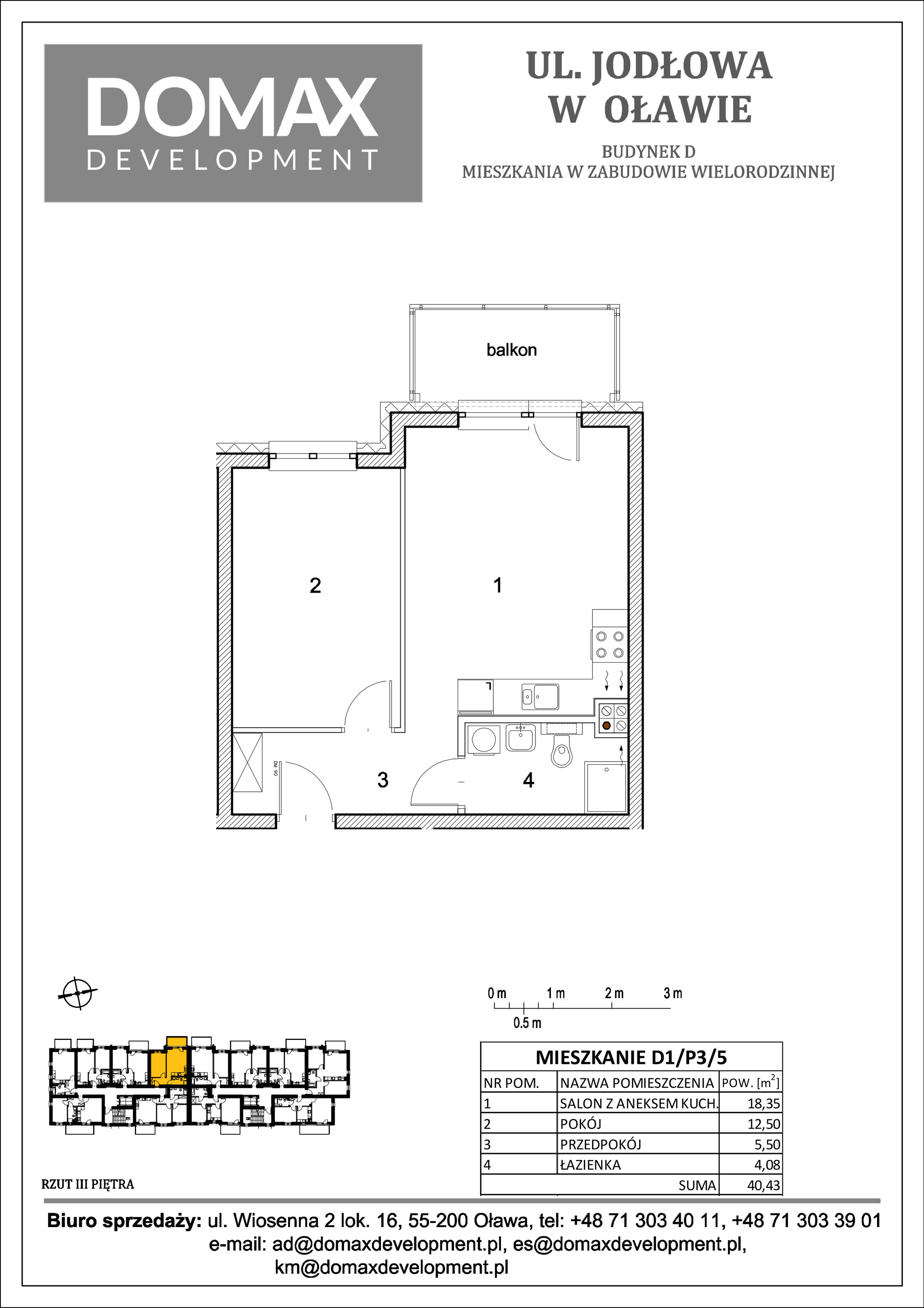 Mieszkanie 40,43 m², piętro 3, oferta nr D1/P3/5, Osiedle Jodłowa etap II, Oława, ul. Jodłowa-idx