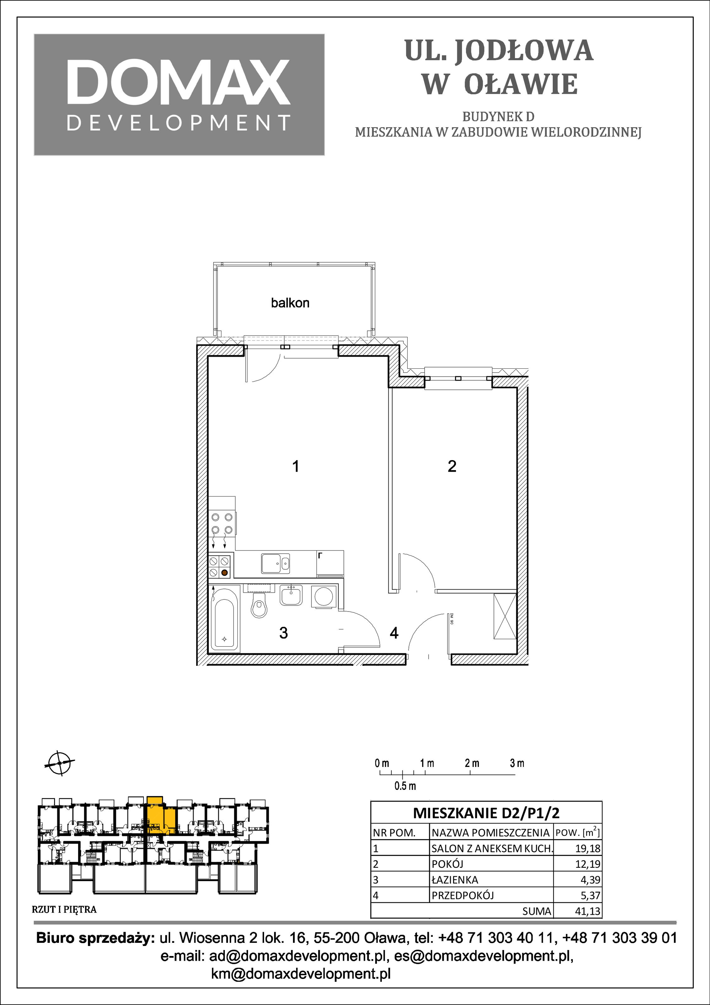 Mieszkanie 41,13 m², piętro 1, oferta nr D2/P1/2, Osiedle Jodłowa etap II, Oława, ul. Jodłowa-idx