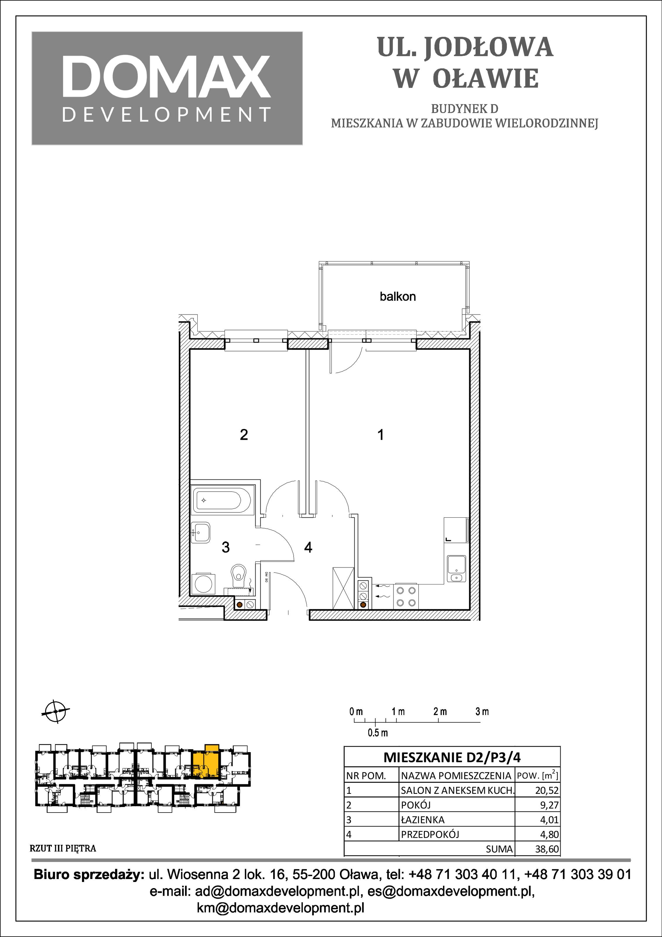 Mieszkanie 38,60 m², piętro 3, oferta nr D2/P3/4, Osiedle Jodłowa etap II, Oława, ul. Jodłowa-idx