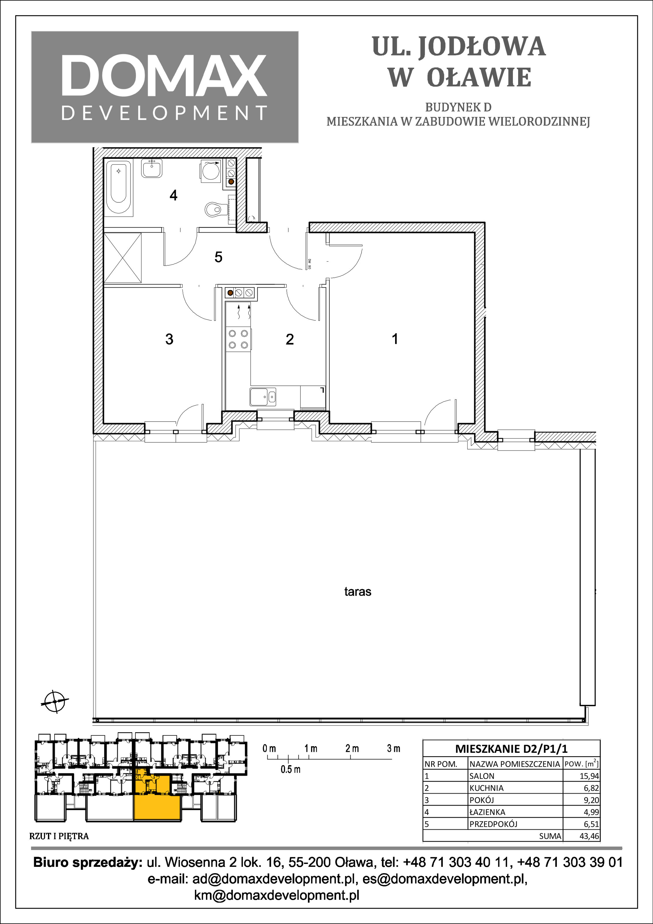 Mieszkanie 43,46 m², piętro 1, oferta nr D2/P1/1, Osiedle Jodłowa etap II, Oława, ul. Jodłowa-idx