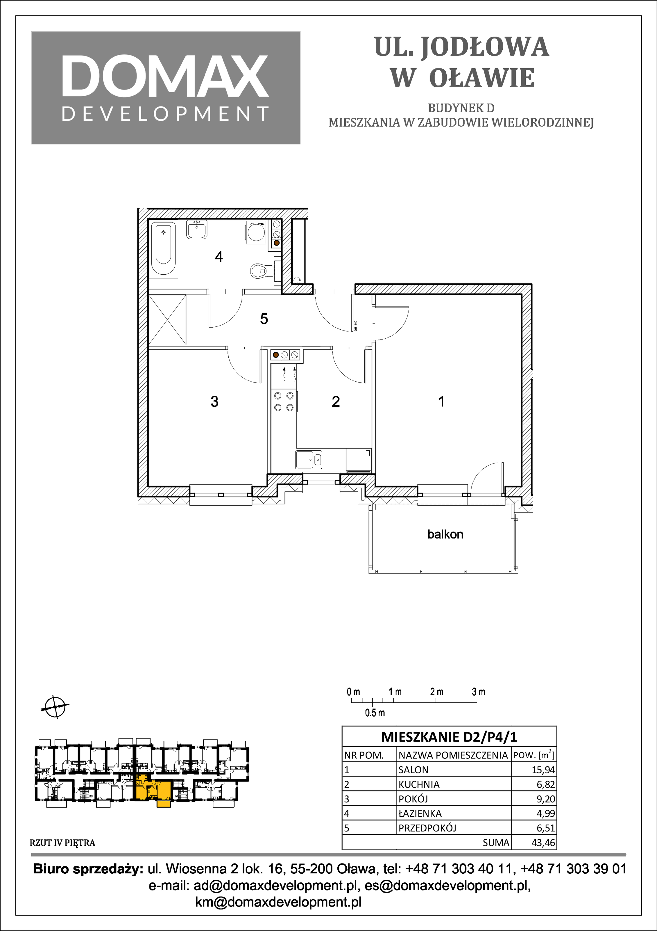 Mieszkanie 43,46 m², piętro 4, oferta nr D2/P4/1, Osiedle Jodłowa etap II, Oława, ul. Jodłowa-idx