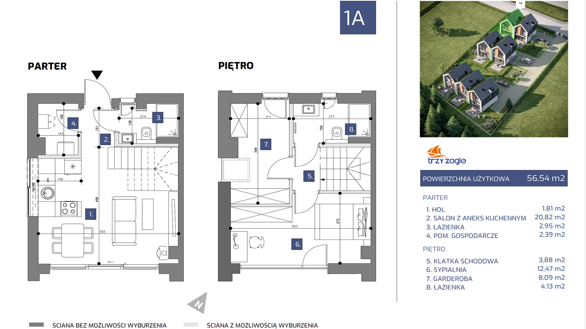 Dom i rezydencja 56,54 m², oferta nr 1A, TRZY ŻAGLE, Jastrzębia Góra, ul. Podgrzybkowa 30/1-idx