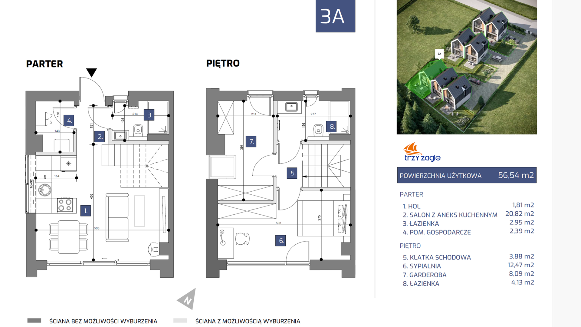 Dom i rezydencja 56,54 m², oferta nr 3A, TRZY ŻAGLE, Jastrzębia Góra, ul. Podgrzybkowa 30/1-idx