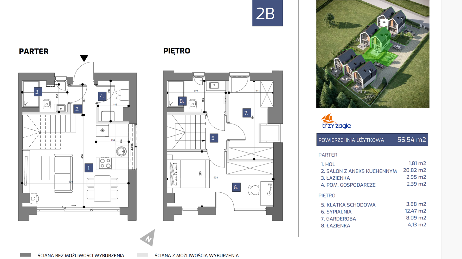 Dom i rezydencja 56,54 m², oferta nr 2B, TRZY ŻAGLE, Jastrzębia Góra, ul. Podgrzybkowa 30/1-idx