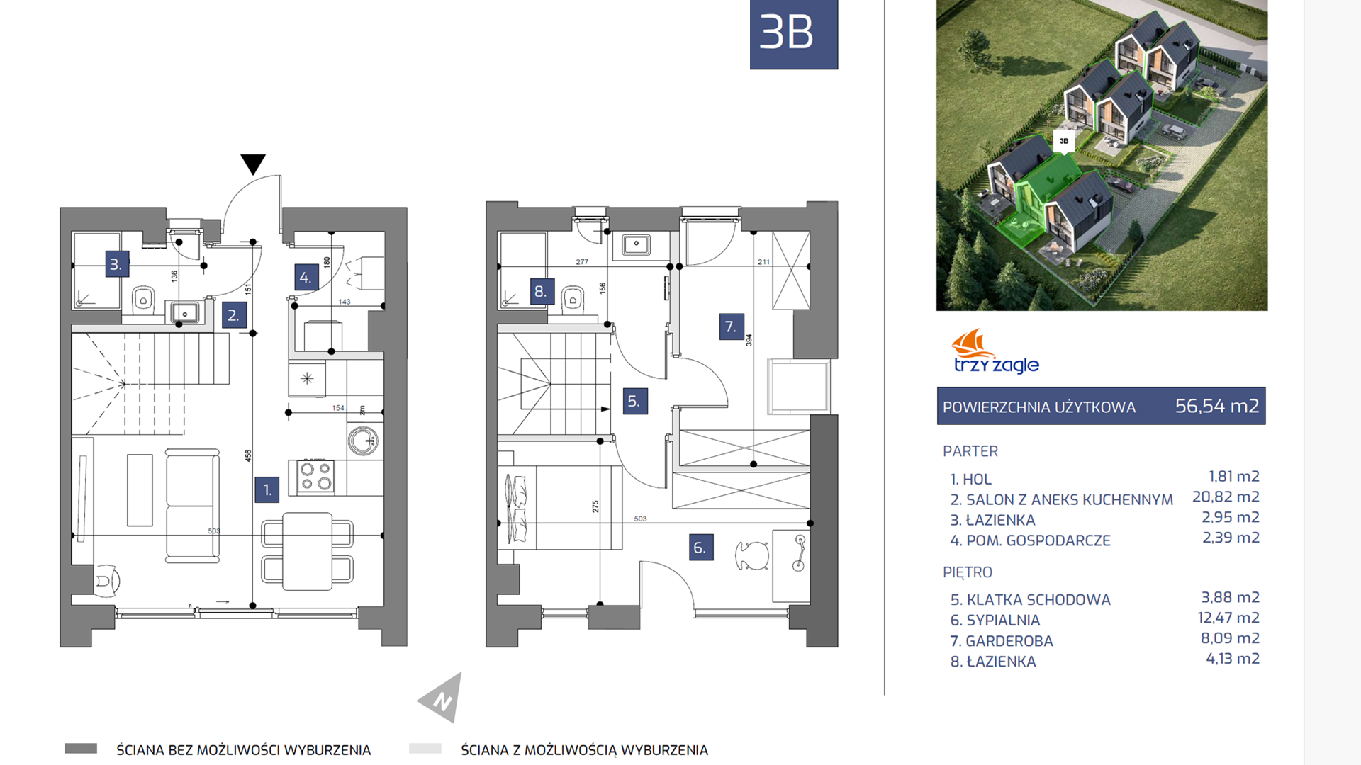 Dom i rezydencja 56,54 m², oferta nr 3B, TRZY ŻAGLE, Jastrzębia Góra, ul. Podgrzybkowa 30/1-idx