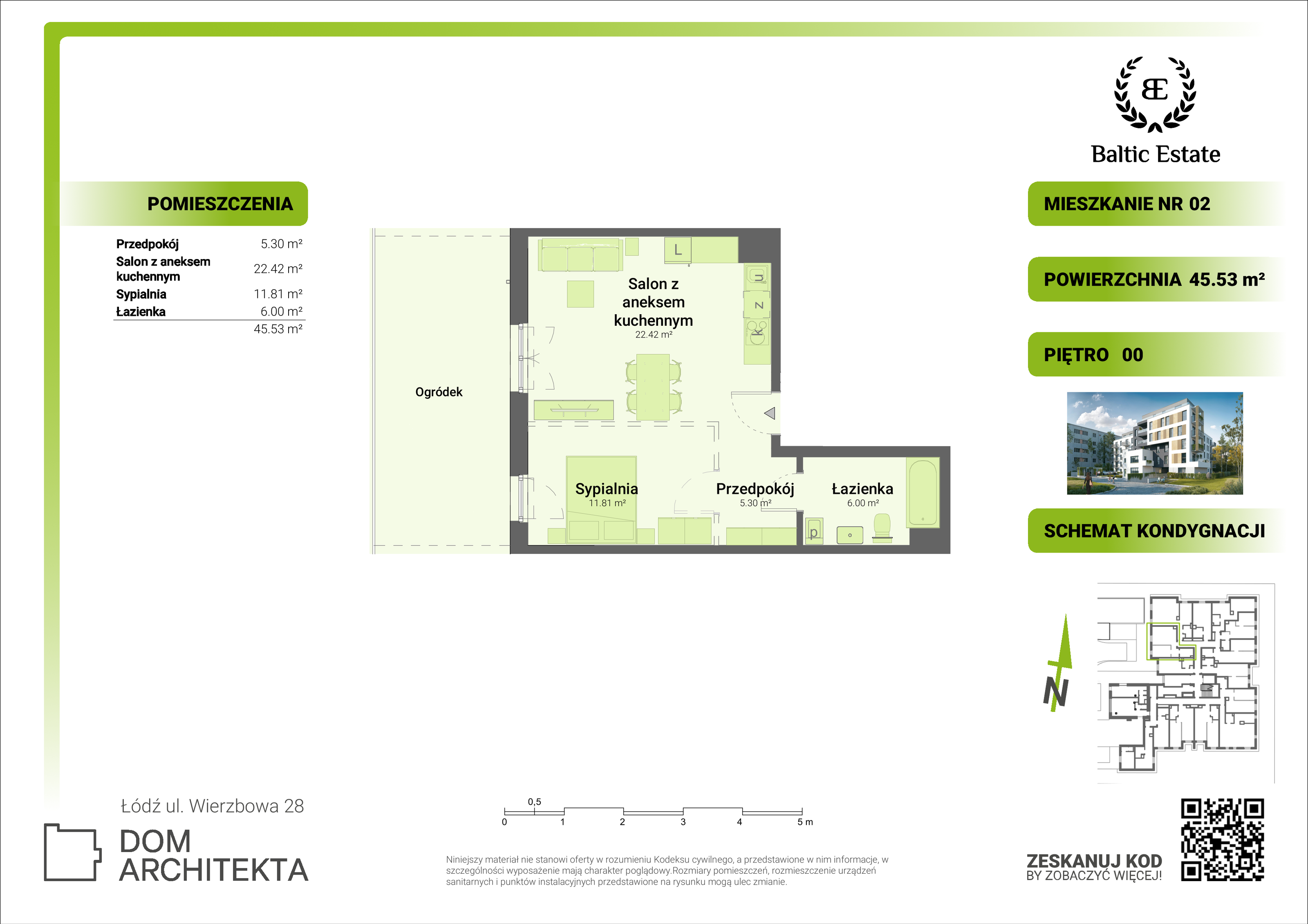 Mieszkanie 45,53 m², parter, oferta nr 00.M.02, Dom Architekta , Łódź, Śródmieście, Śródmieście, ul. Wierzbowa 28-idx