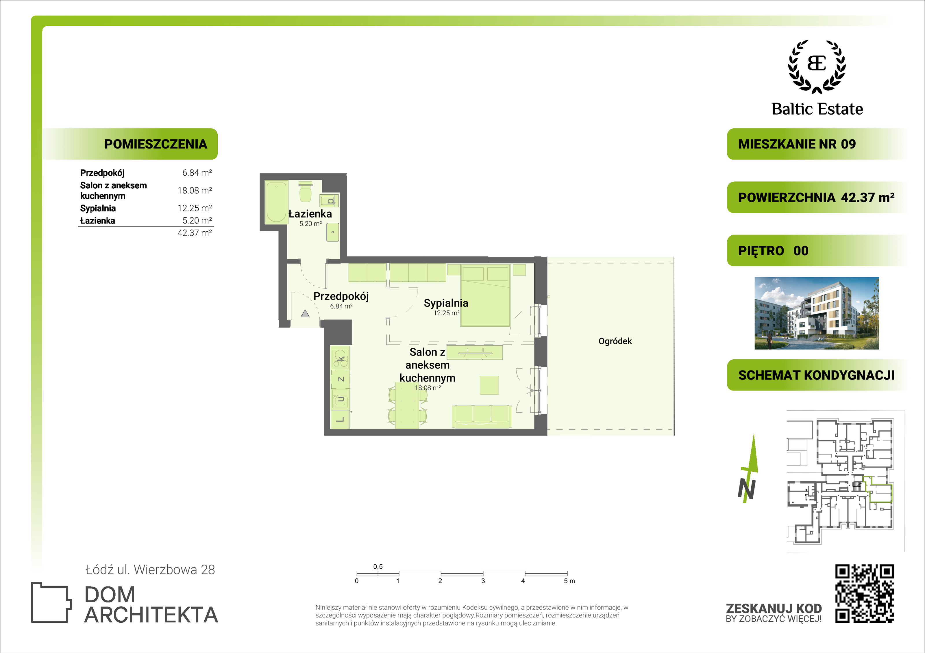 Mieszkanie 42,37 m², parter, oferta nr 00.M.09, Dom Architekta , Łódź, Śródmieście, Śródmieście, ul. Wierzbowa 28-idx