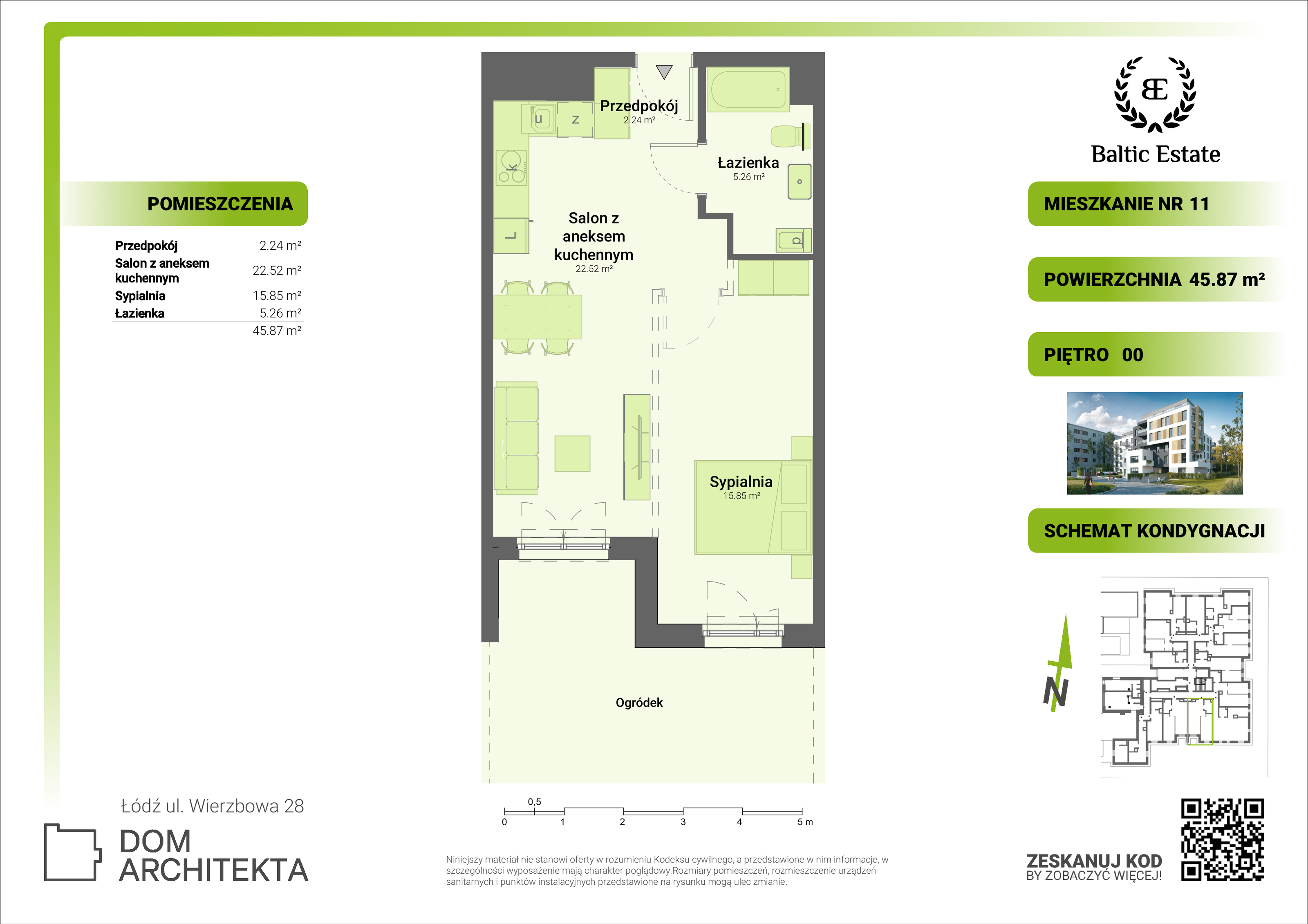 Mieszkanie 45,87 m², parter, oferta nr 00.M.11, Dom Architekta , Łódź, Śródmieście, Śródmieście, ul. Wierzbowa 28-idx